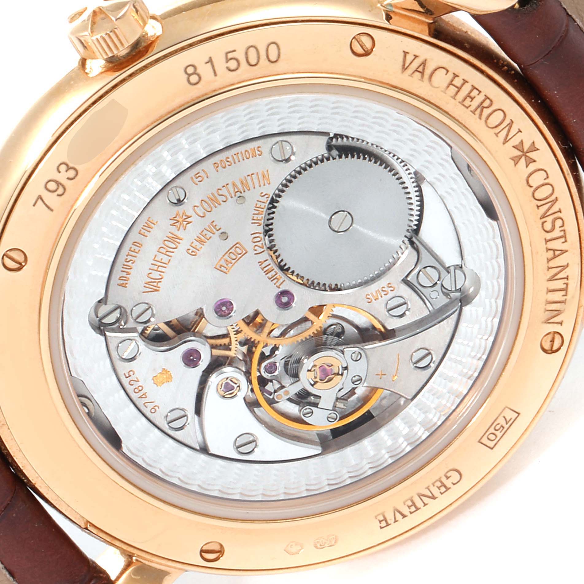 This image shows the back view of the Vacheron Constantin Malte 81500/000R Men's Rose Gold Silver Dial 81500/000R Men's Rose Gold Silver Dial watch, highlighting its intricate internal mechanics and engravings.