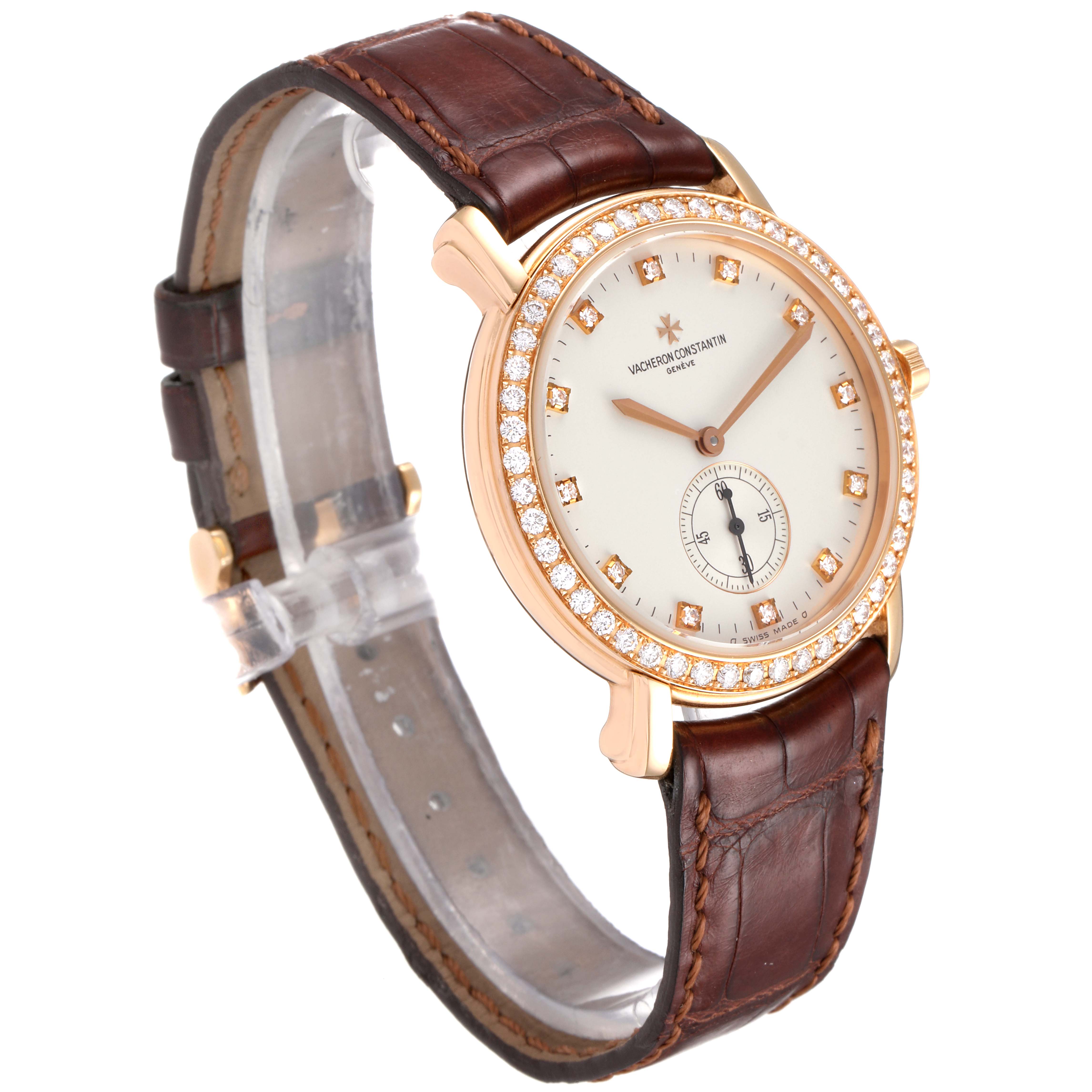 This image shows a full view of the Vacheron Constantin Malte 81500/000R Men's Rose Gold Silver Dial 81500/000R Men's Rose Gold Silver Dial watch, showcasing its face, strap, and bezel.