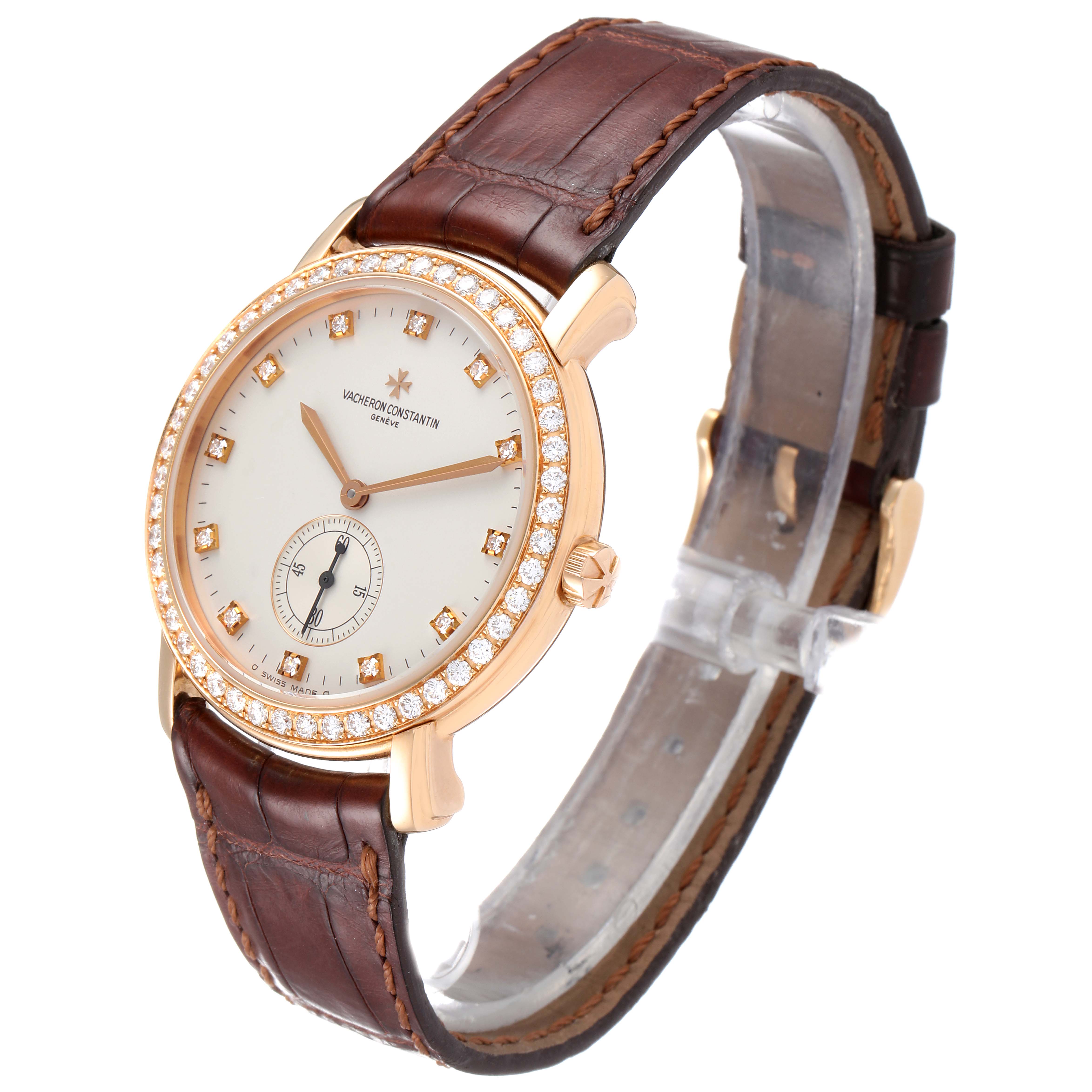 The image features a side angle view of the Vacheron Constantin Malte 81500/000R Men's Rose Gold Silver Dial 81500/000R Men's Rose Gold Silver Dial model showcasing its bezel, dial, and leather strap.