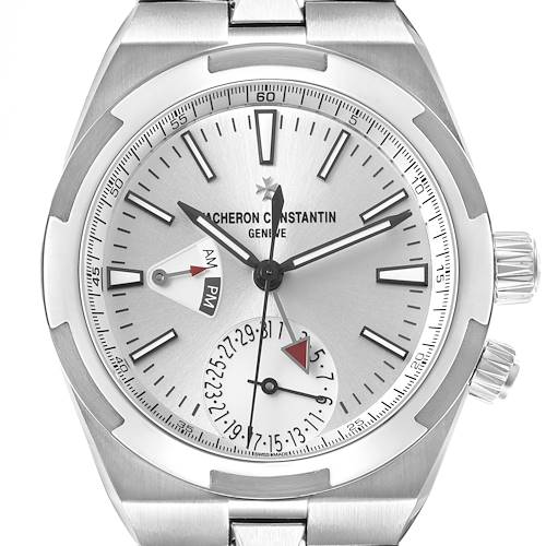 The image shows a frontal view of the Vacheron Constantin Overseas 7900V Men's Stainless Steel Silver Dial model, highlighting its dial, hands, and crown.