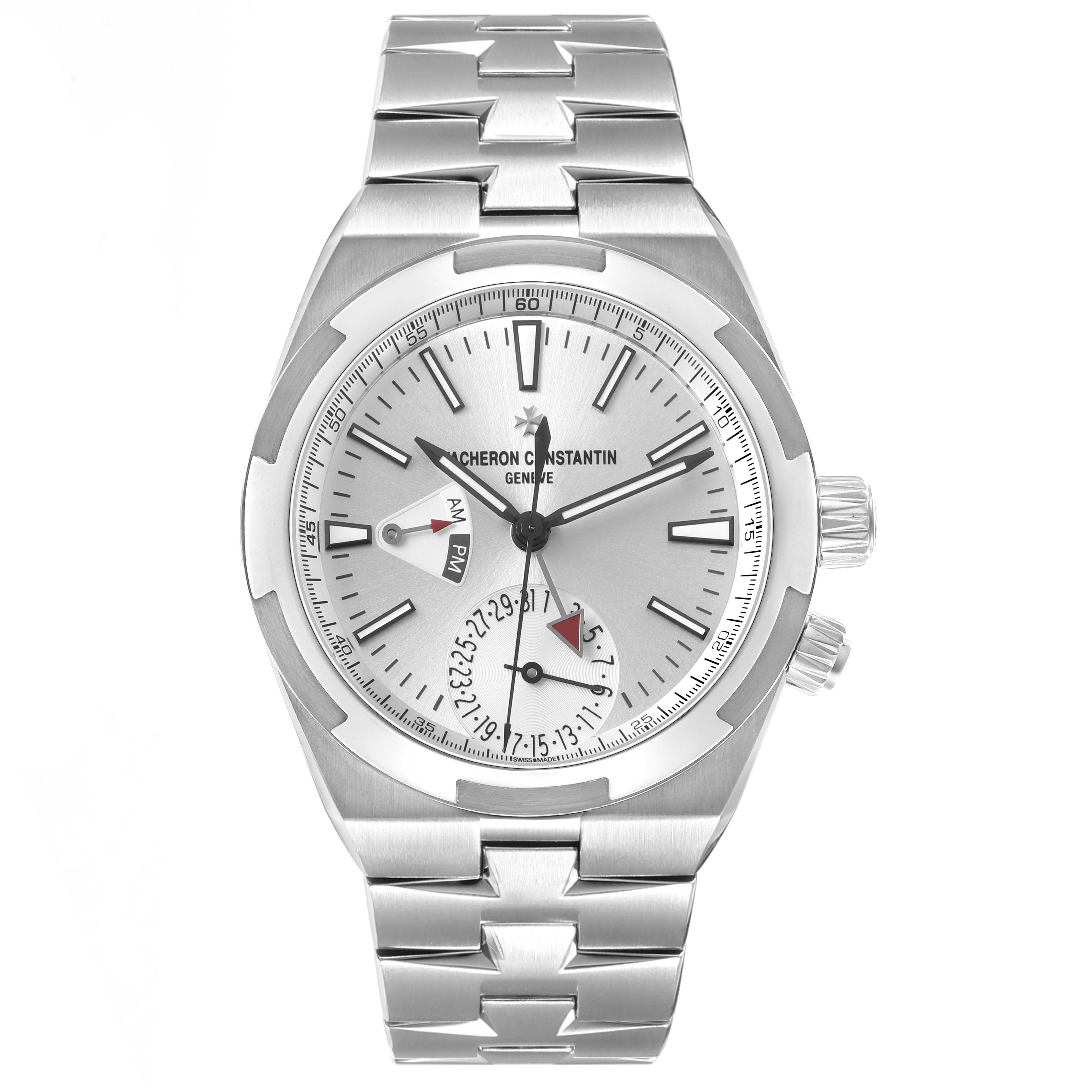 The Vacheron Constantin Overseas 7900V Men's Stainless Steel Silver Dial model is shown from a top-down angle, displaying the dial, crown, and bracelet.
