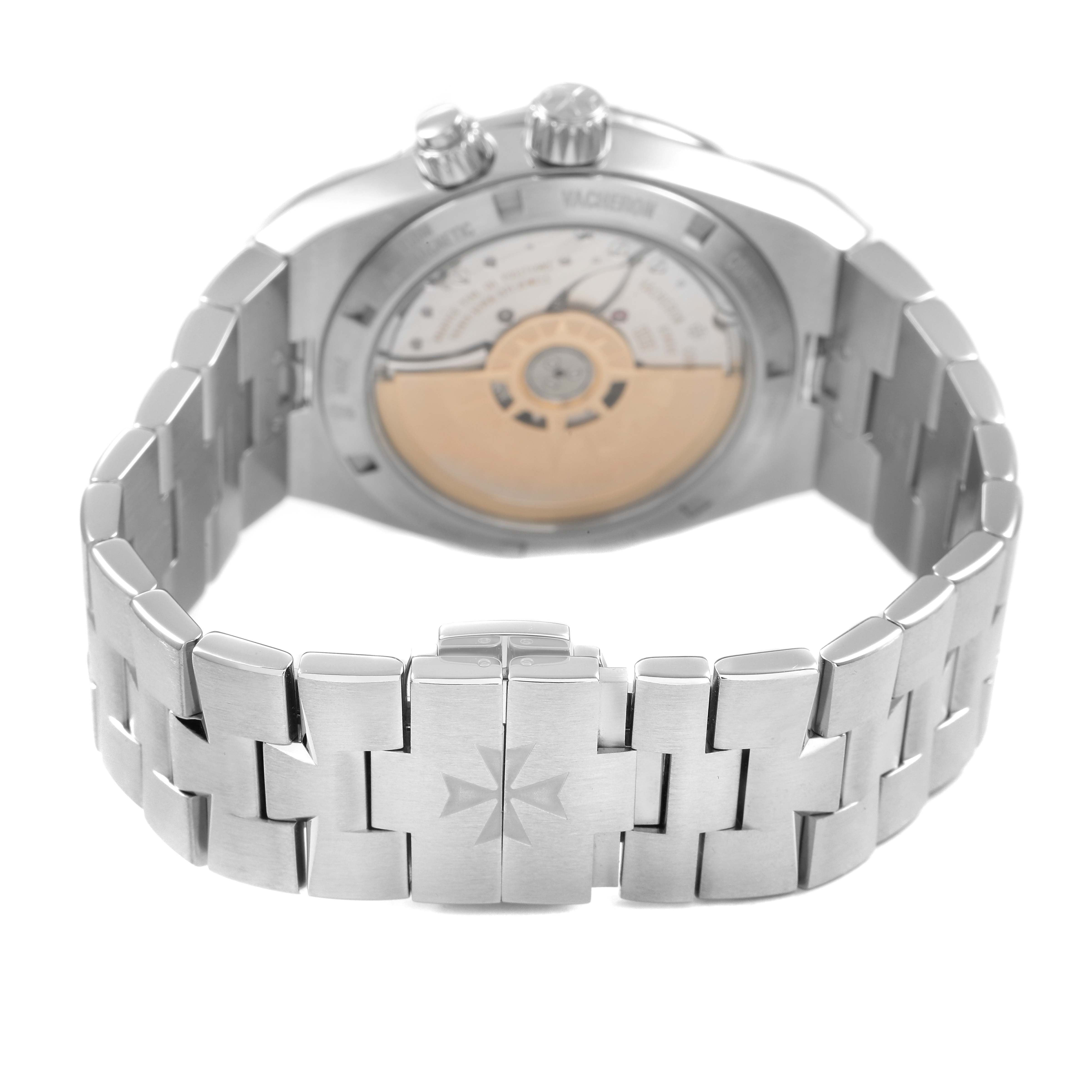 The image shows the bracelet and exhibition case back of the Vacheron Constantin Overseas 7900V Men's Stainless Steel Silver Dial watch from a rear angle.
