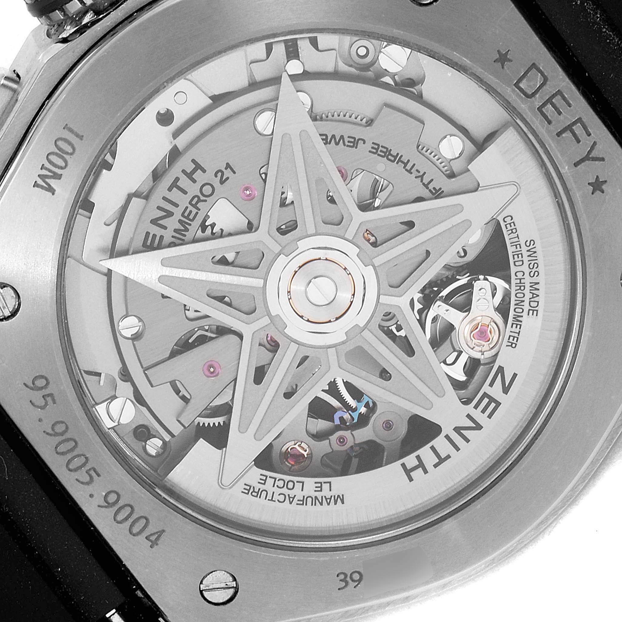 This image shows the back view of the Zenith Defy 95.9005.9004/01.M9000 Men's Titanium Grey Dial 95.9005.9004/01.M9000 Men's Titanium Grey Dial model, highlighting its intricate movement and rotor design.