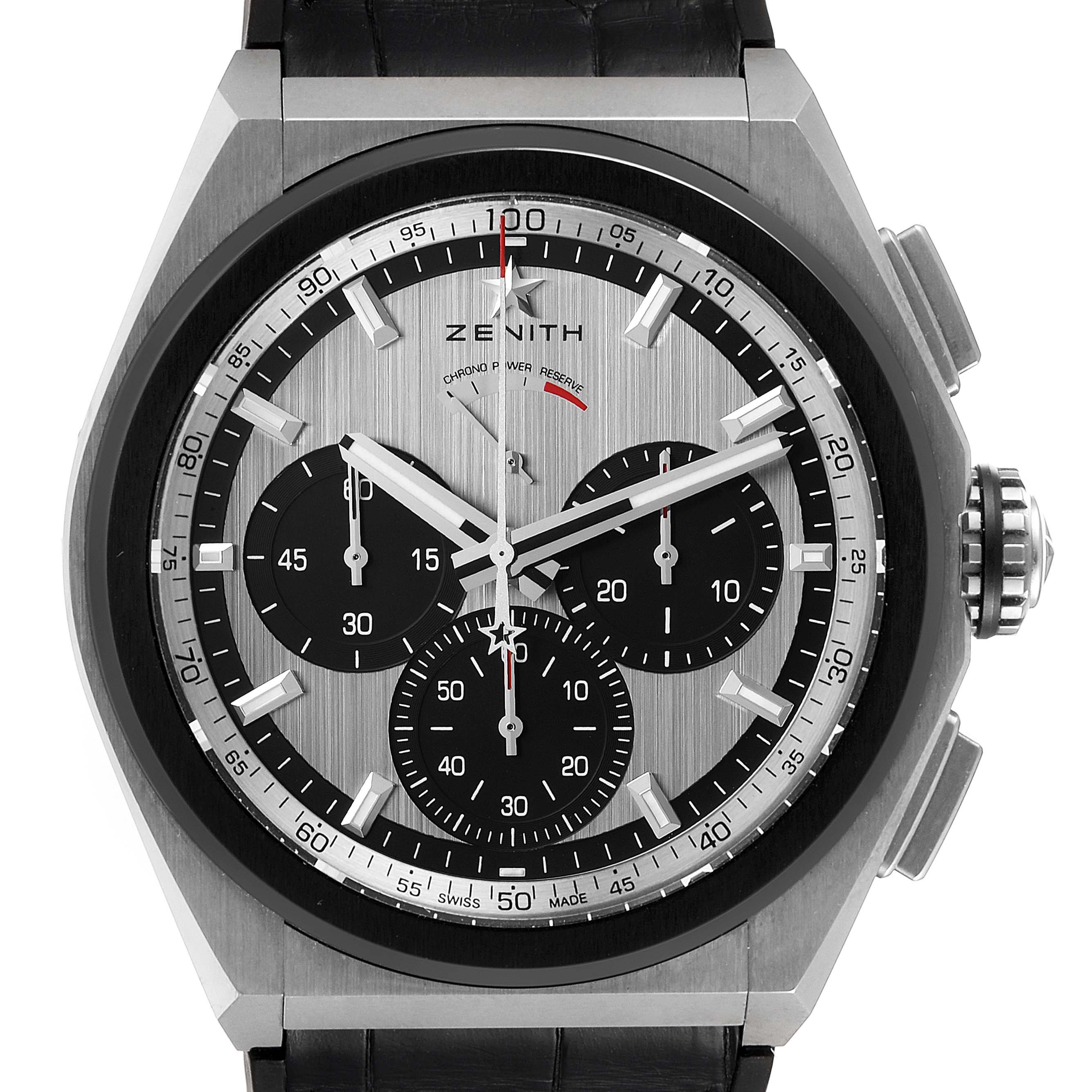 The image shows a front angle view of a Zenith Defy 95.9005.9004/01.M9000 Men's Titanium Grey Dial 95.9005.9004/01.M9000 Men's Titanium Grey Dial model watch with a black leather strap and chronograph features.