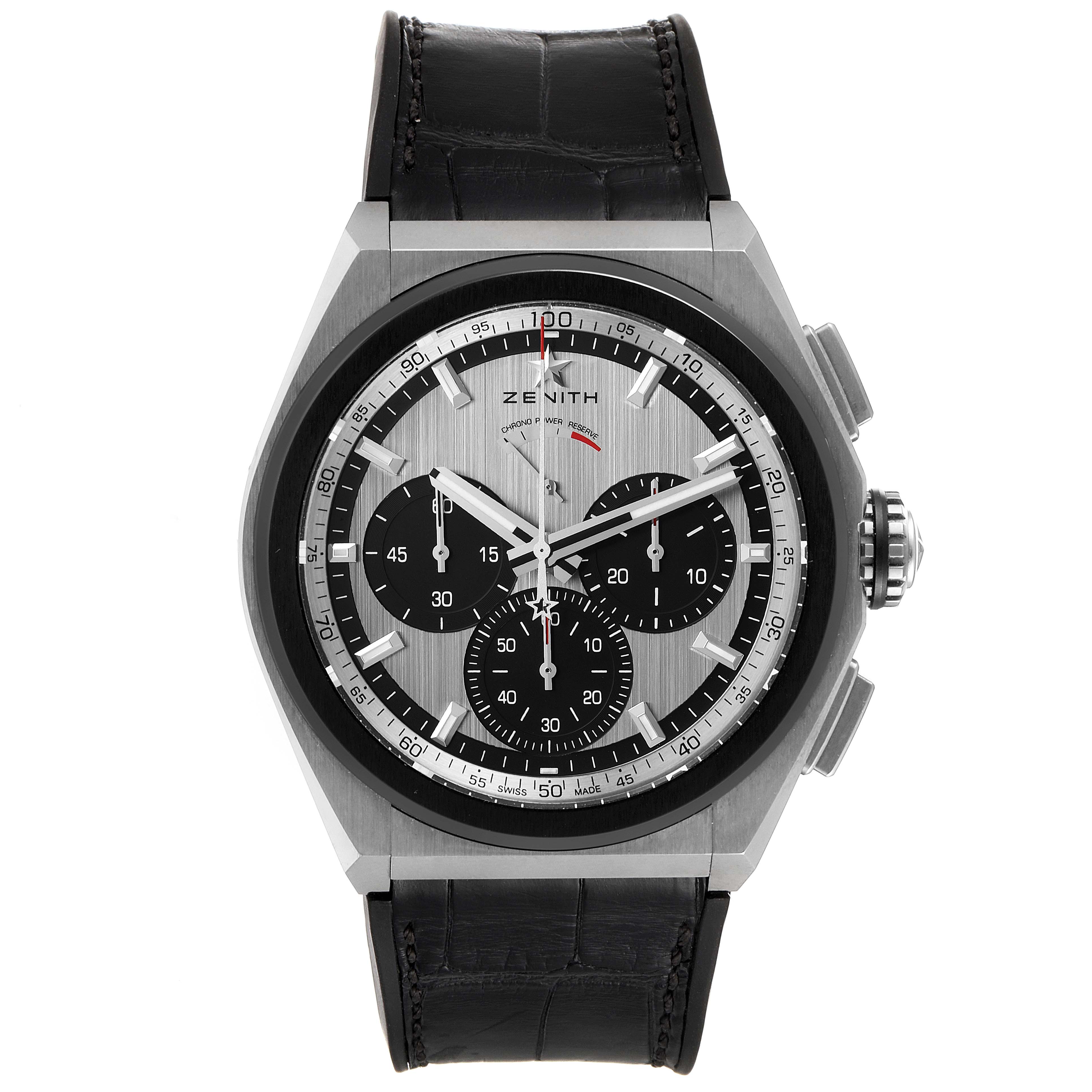 The image shows a front view of the Zenith Defy 95.9005.9004/01.M9000 Men's Titanium Grey Dial 95.9005.9004/01.M9000 Men's Titanium Grey Dial watch, highlighting the dial, case, and black leather strap.