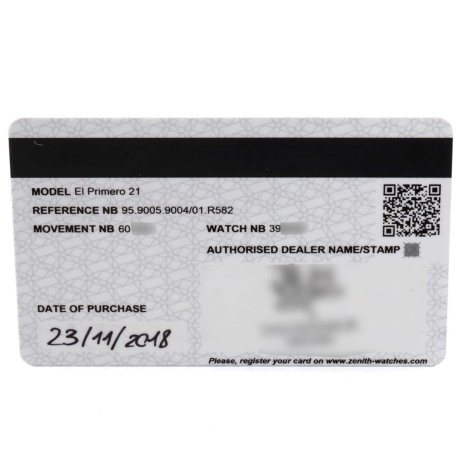 The image shows a warranty card for a Zenith Defy 95.9005.9004/01.M9000 Men's Titanium Grey Dial 95.9005.9004/01.M9000 Men's Titanium Grey Dial watch model El Primero 21, with purchase details and dealer information.