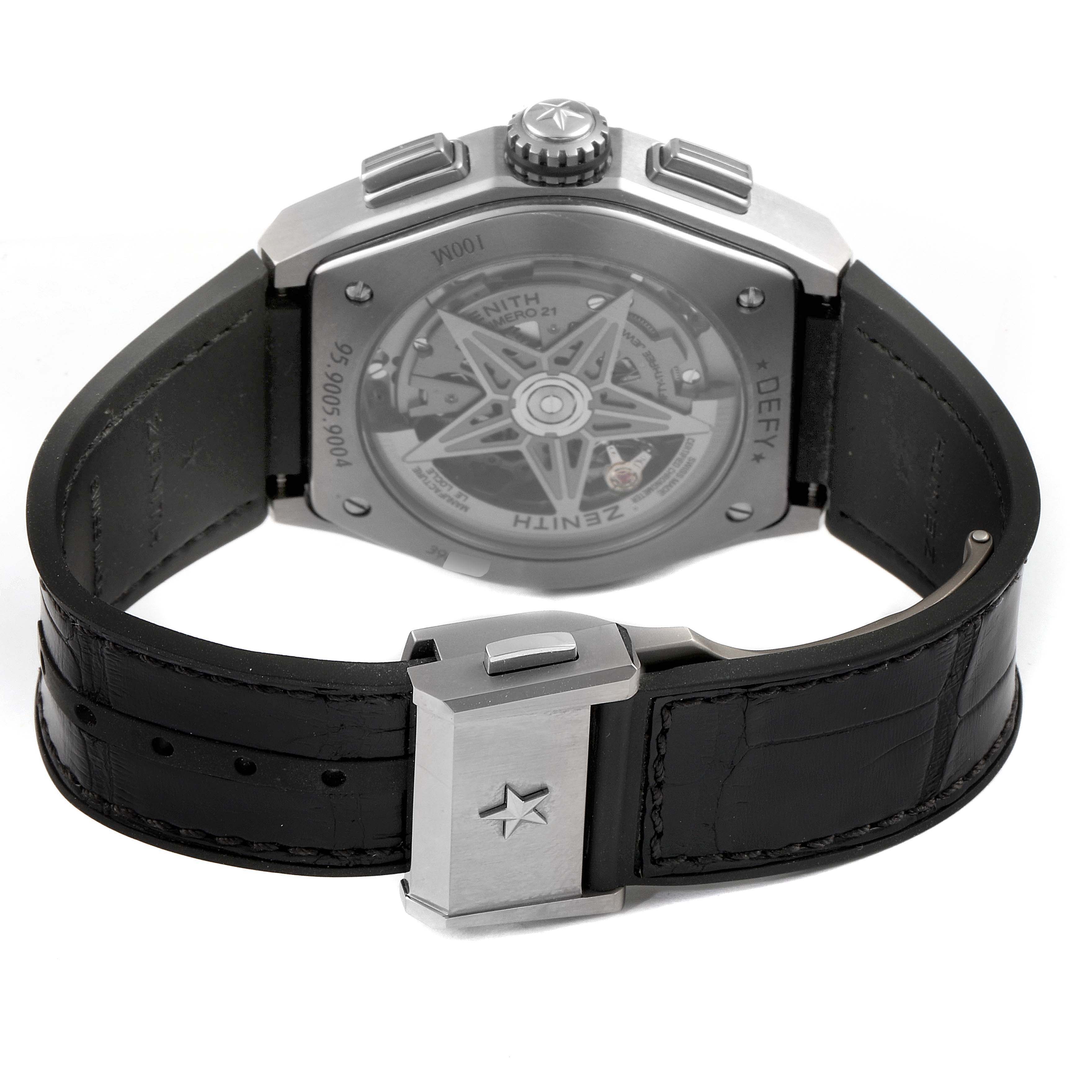The image shows the back of a Zenith Defy 95.9005.9004/01.M9000 Men's Titanium Grey Dial 95.9005.9004/01.M9000 Men's Titanium Grey Dial watch, including the strap and clasp.