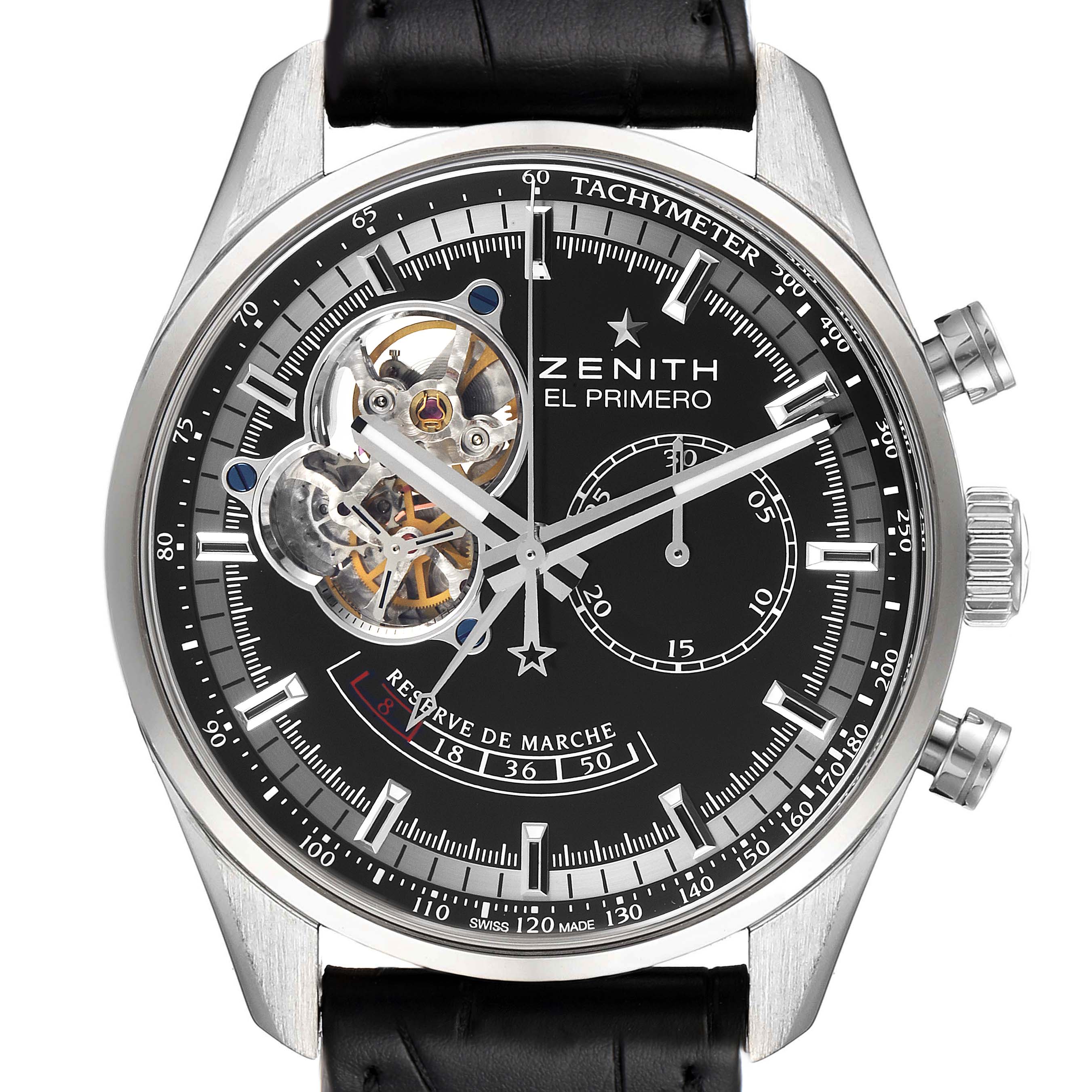 The image shows the face of the Zenith Chronomaster 03.2080.4021/21.C496 Men's Stainless Steel Black Dial 03.2080.4021/21.C496 Men's Stainless Steel Black Dial watch at a straight-on angle, highlighting the open-heart design, tachymeter, and subdials.