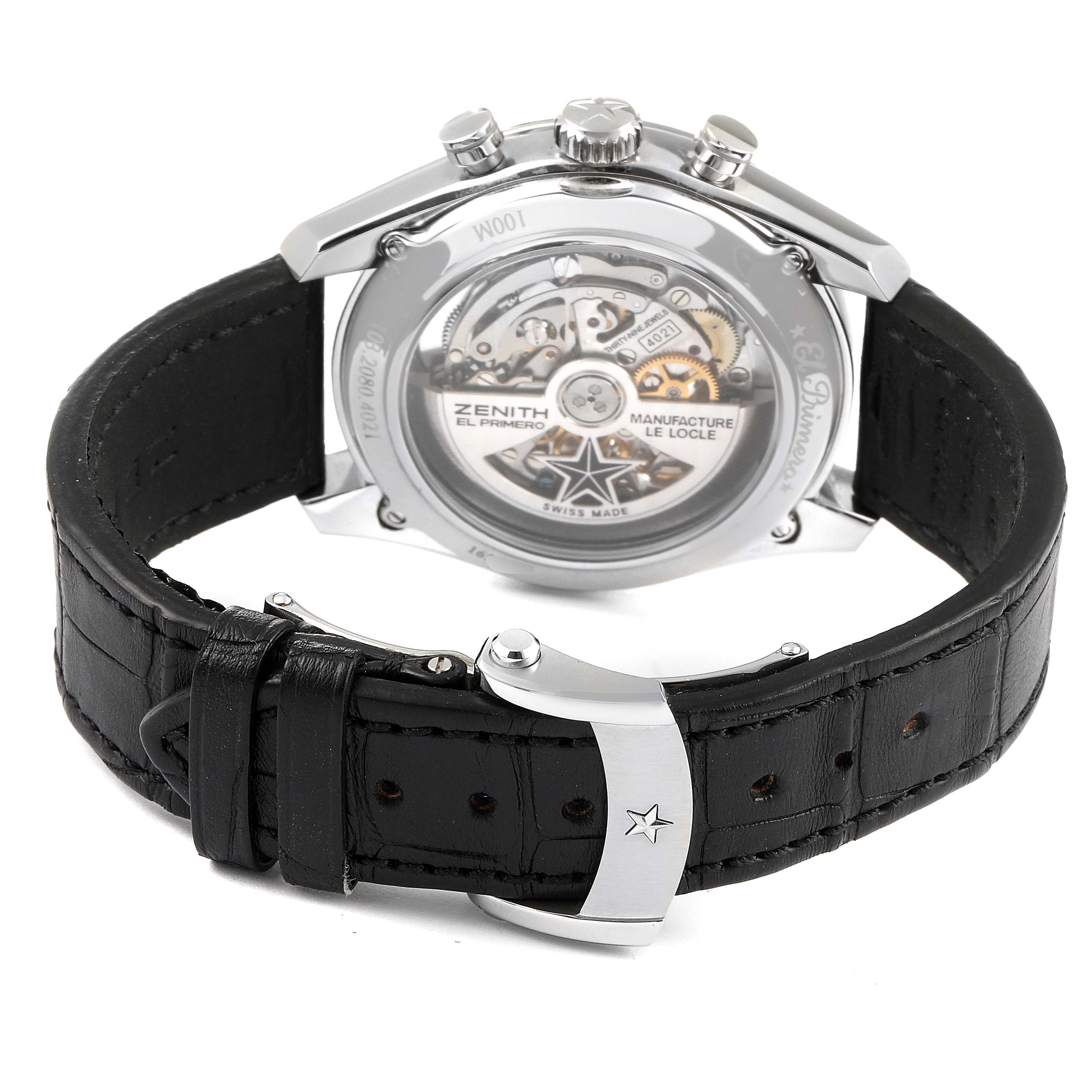 The image shows the back view of a Zenith Chronomaster 03.2080.4021/21.C496 Men's Stainless Steel Black Dial 03.2080.4021/21.C496 Men's Stainless Steel Black Dial watch, highlighting the movement mechanics and black leather strap.