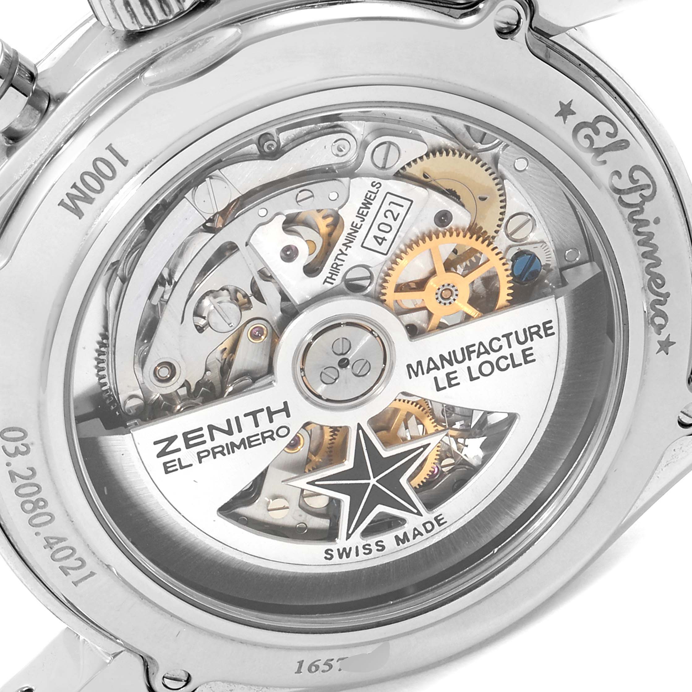 The image shows the exhibition case back of the Zenith Chronomaster 03.2080.4021/21.C496 Men's Stainless Steel Black Dial 03.2080.4021/21.C496 Men's Stainless Steel Black Dial, revealing its intricate El Primero movement.