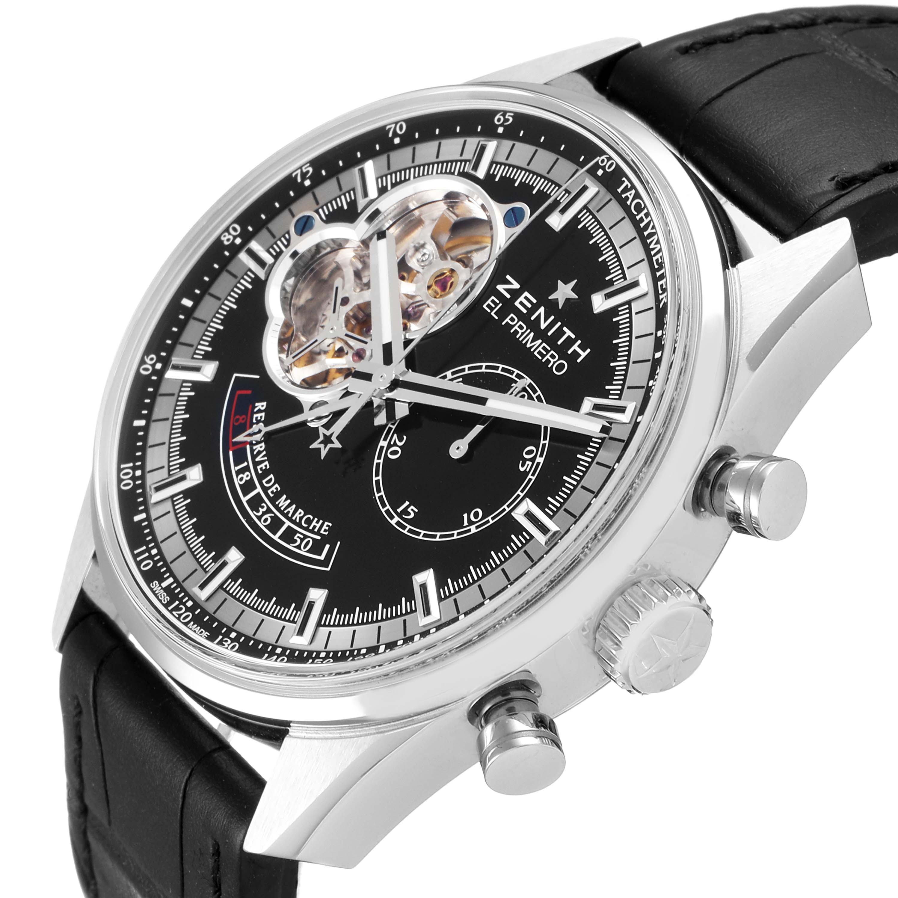 The Zenith Chronomaster 03.2080.4021/21.C496 Men's Stainless Steel Black Dial 03.2080.4021/21.C496 Men's Stainless Steel Black Dial watch is shown at an angle highlighting the dial, crown, and pushers with a partial view of the black strap.