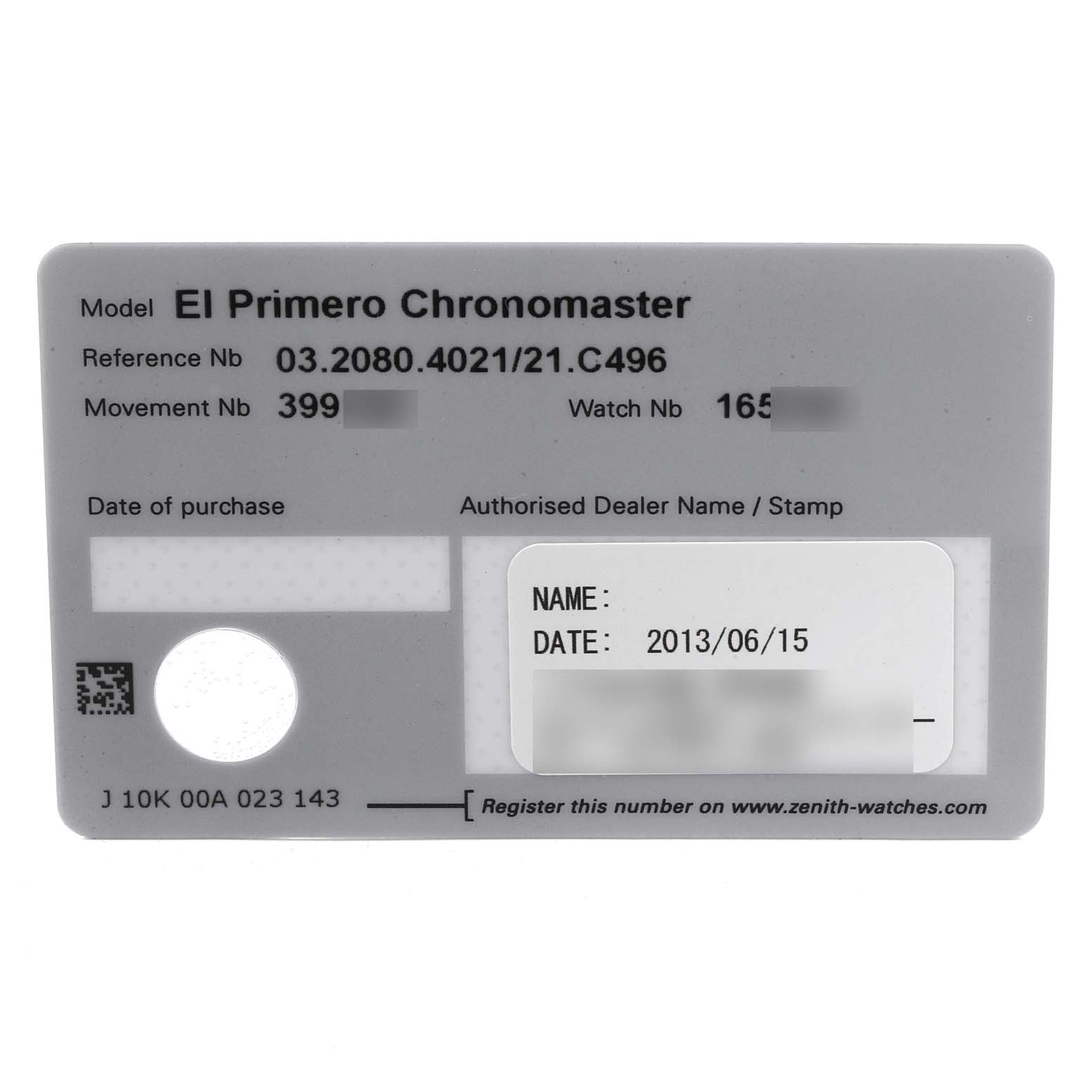 This image shows the warranty card for the Zenith Chronomaster 03.2080.4021/21.C496 Men's Stainless Steel Black Dial 03.2080.4021/21.C496 Men's Stainless Steel Black Dial model, displaying details like Reference, Movement, and Watch Number.