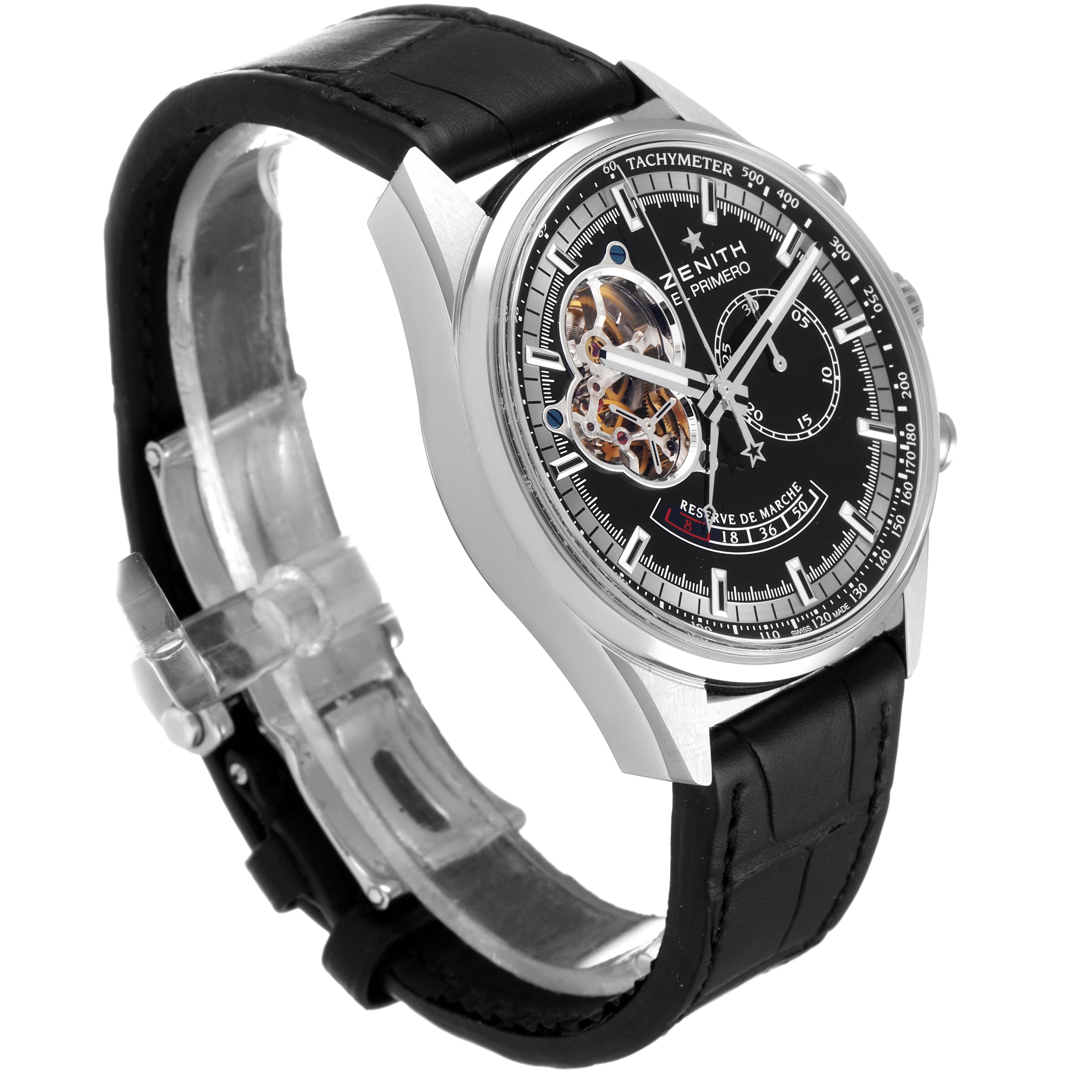 The image shows a Zenith Chronomaster 03.2080.4021/21.C496 Men's Stainless Steel Black Dial 03.2080.4021/21.C496 Men's Stainless Steel Black Dial watch from an angled side view, highlighting its face and black leather strap.