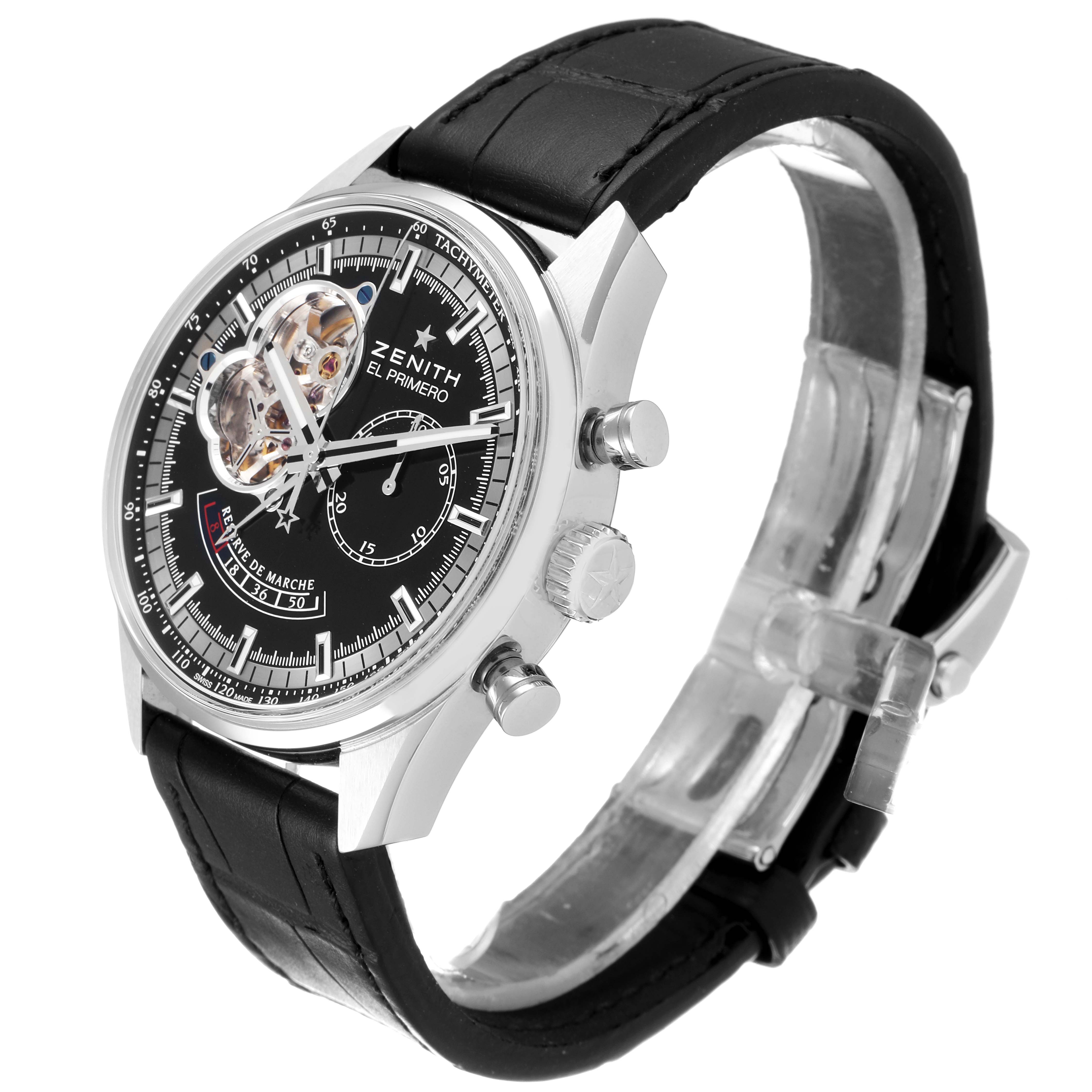 The image shows a Zenith Chronomaster 03.2080.4021/21.C496 Men's Stainless Steel Black Dial 03.2080.4021/21.C496 Men's Stainless Steel Black Dial watch at an oblique angle, highlighting the face, crown, pushers, and black leather strap.