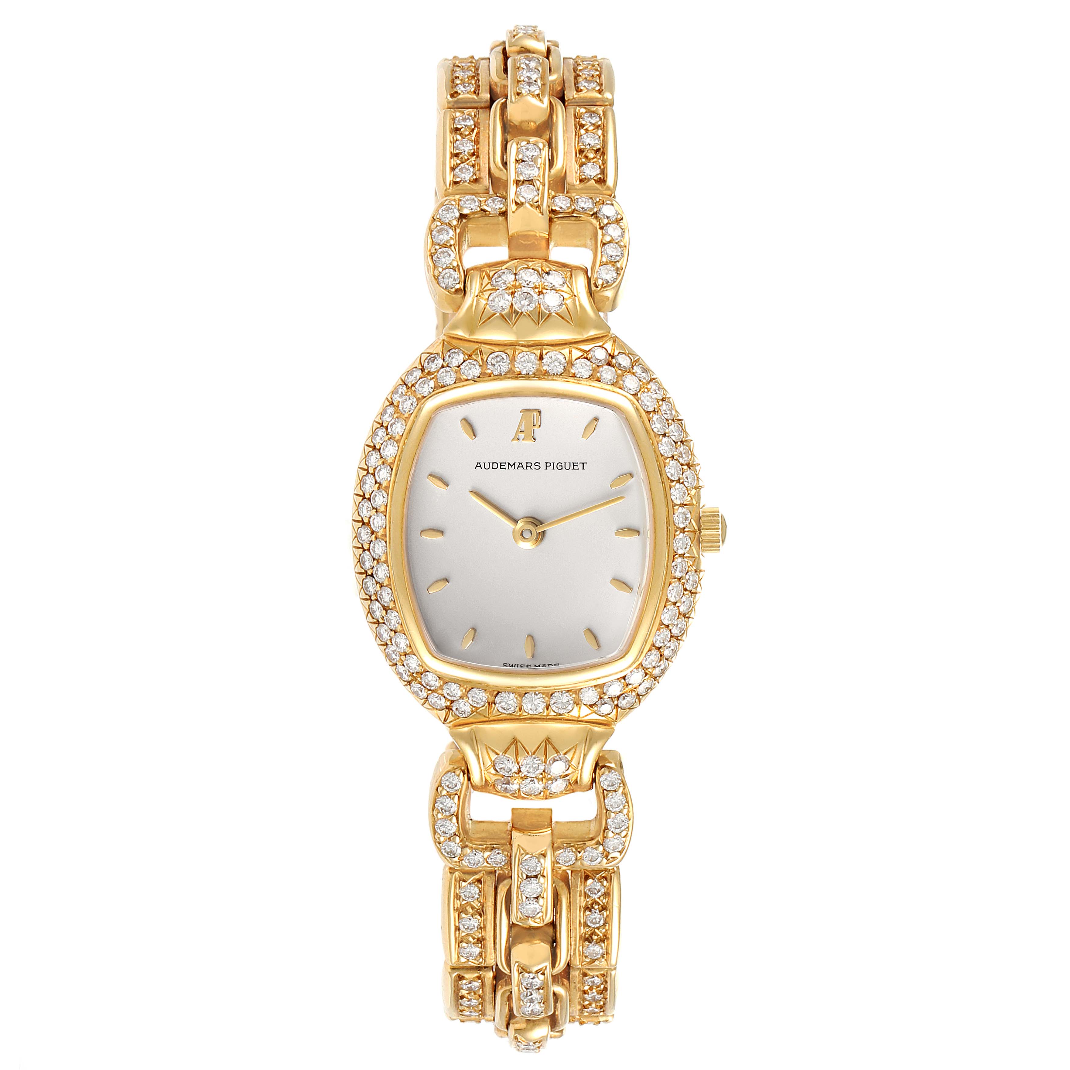 This image shows a front view of the Vintage Audemars Piguet watch, highlighting its diamond-studded bezel and bracelet.