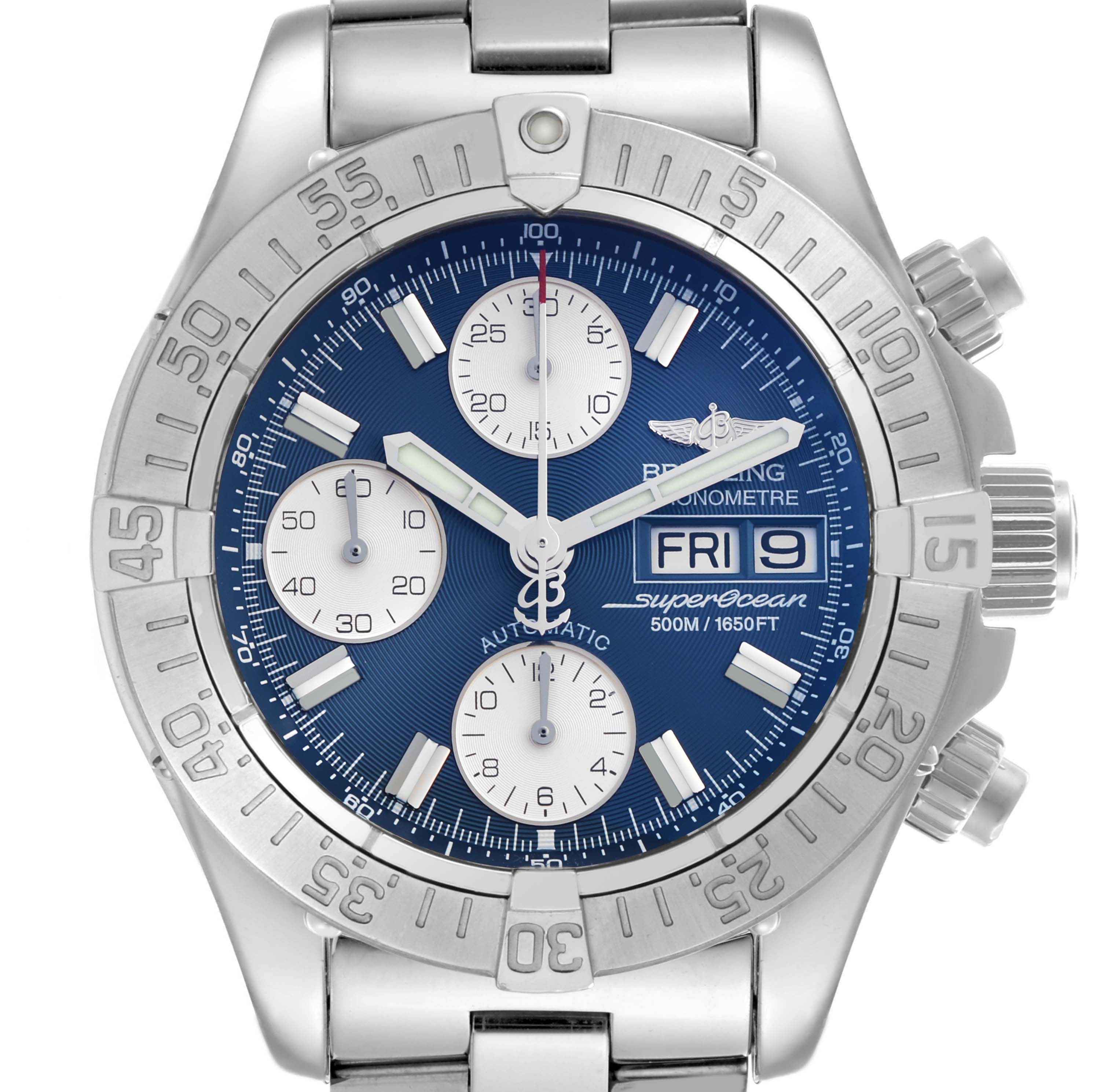 The Breitling Superocean A13340 Men
s Stainless Steel Blue Dial A13340 Men
s Stainless Steel Blue Dial watch is shown from the front, displaying its dial, bezel, and bracelet.