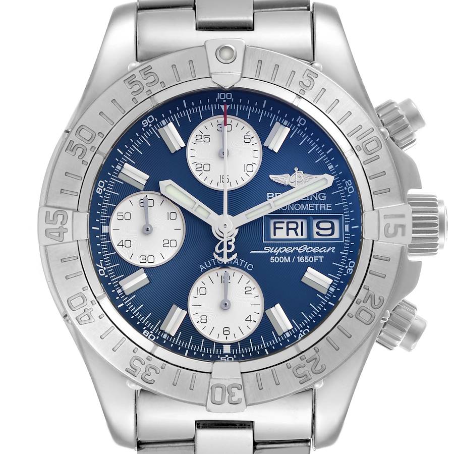 The Breitling Superocean watch is shown from the front, displaying its dial, bezel, and bracelet.