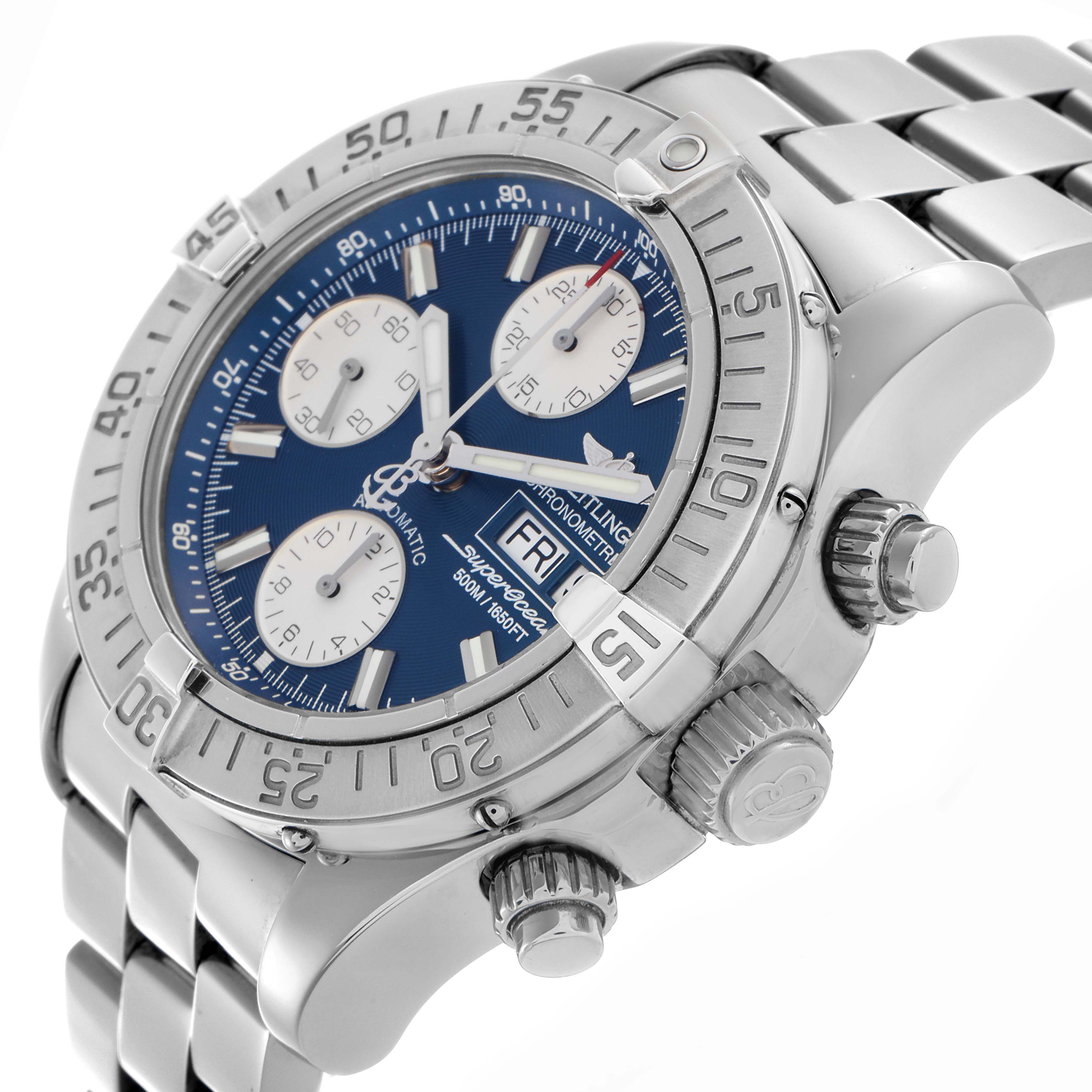 The Breitling Superocean A13340 Men
s Stainless Steel Blue Dial A13340 Men
s Stainless Steel Blue Dial watch is shown at an angled side view, highlighting the bezel, crown, pushers, dial, and metal bracelet.