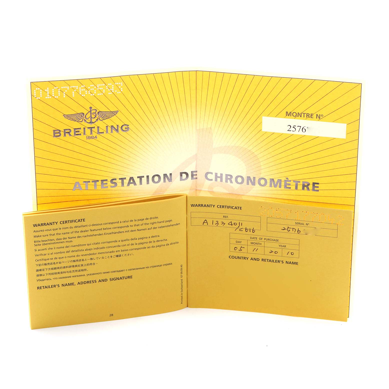 The image shows a Breitling Superocean A13340 Men
s Stainless Steel Blue Dial A13340 Men
s Stainless Steel Blue Dial warranty certificate opened flat, displaying the warranty details and branding.