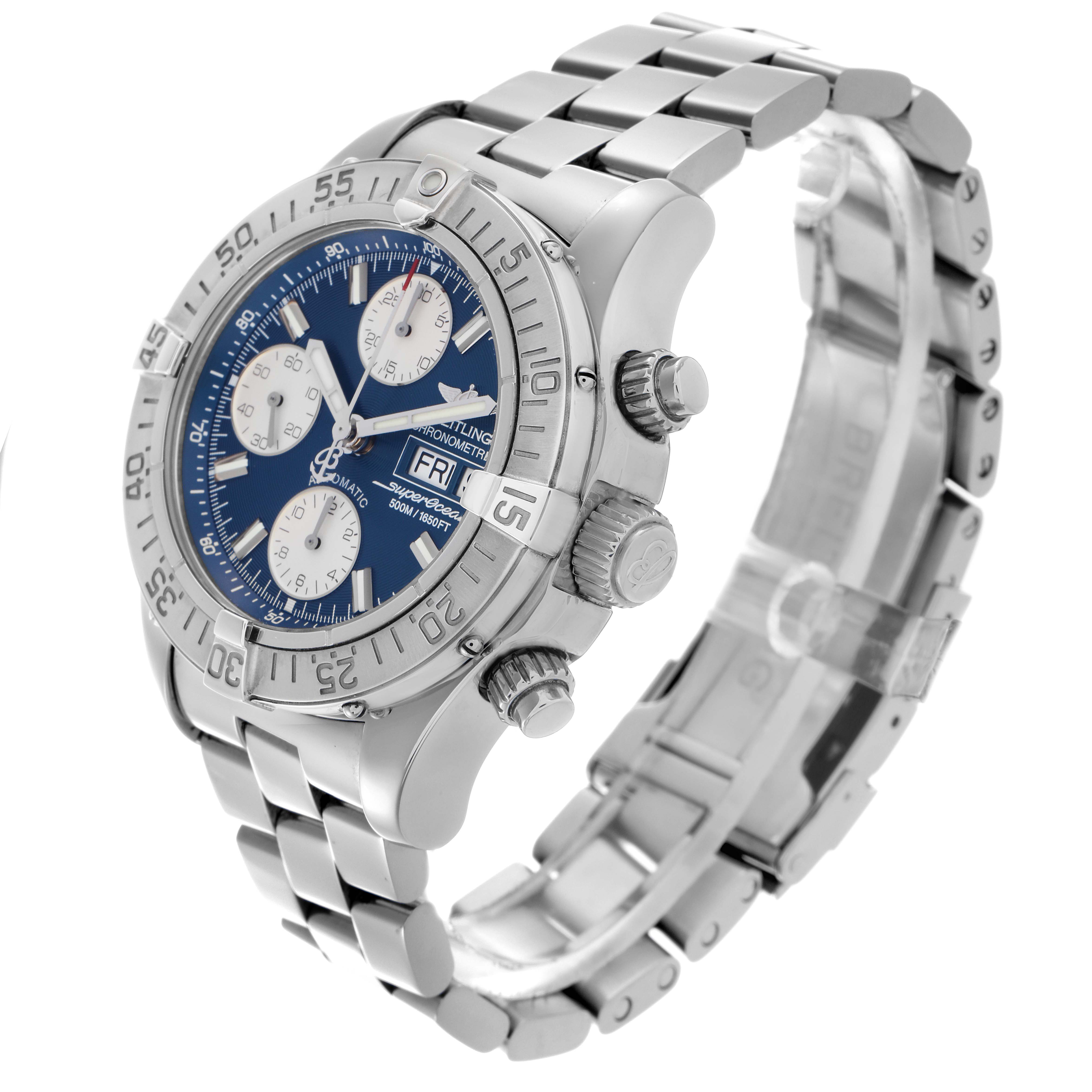 The Breitling Superocean A13340 Men
s Stainless Steel Blue Dial A13340 Men
s Stainless Steel Blue Dial watch is shown at an oblique angle, highlighting the face, bezel, and stainless steel bracelet.