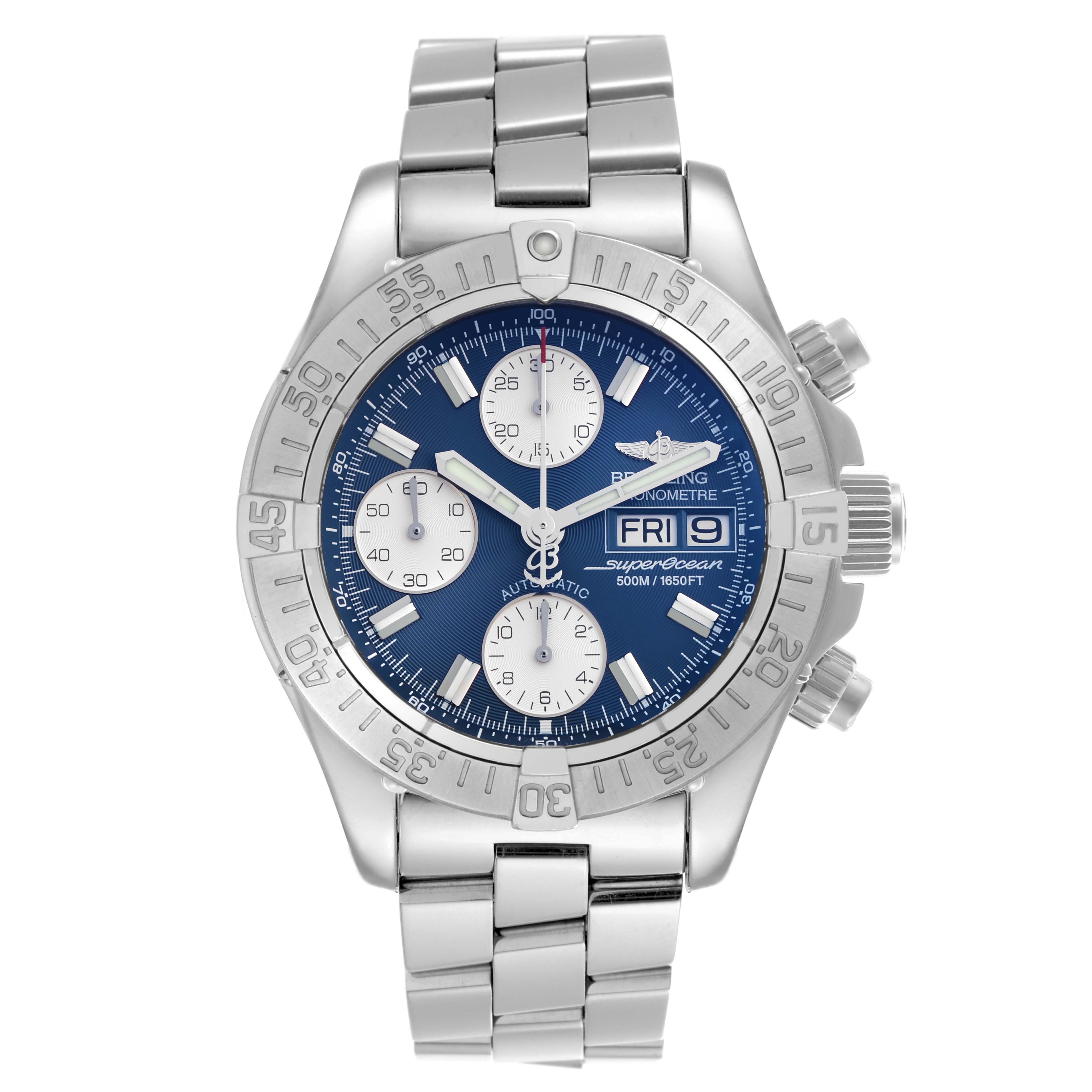 The Breitling Superocean A13340 Men
s Stainless Steel Blue Dial A13340 Men
s Stainless Steel Blue Dial watch is shown from the front, displaying the dial, case, bezel, and bracelet in detail.