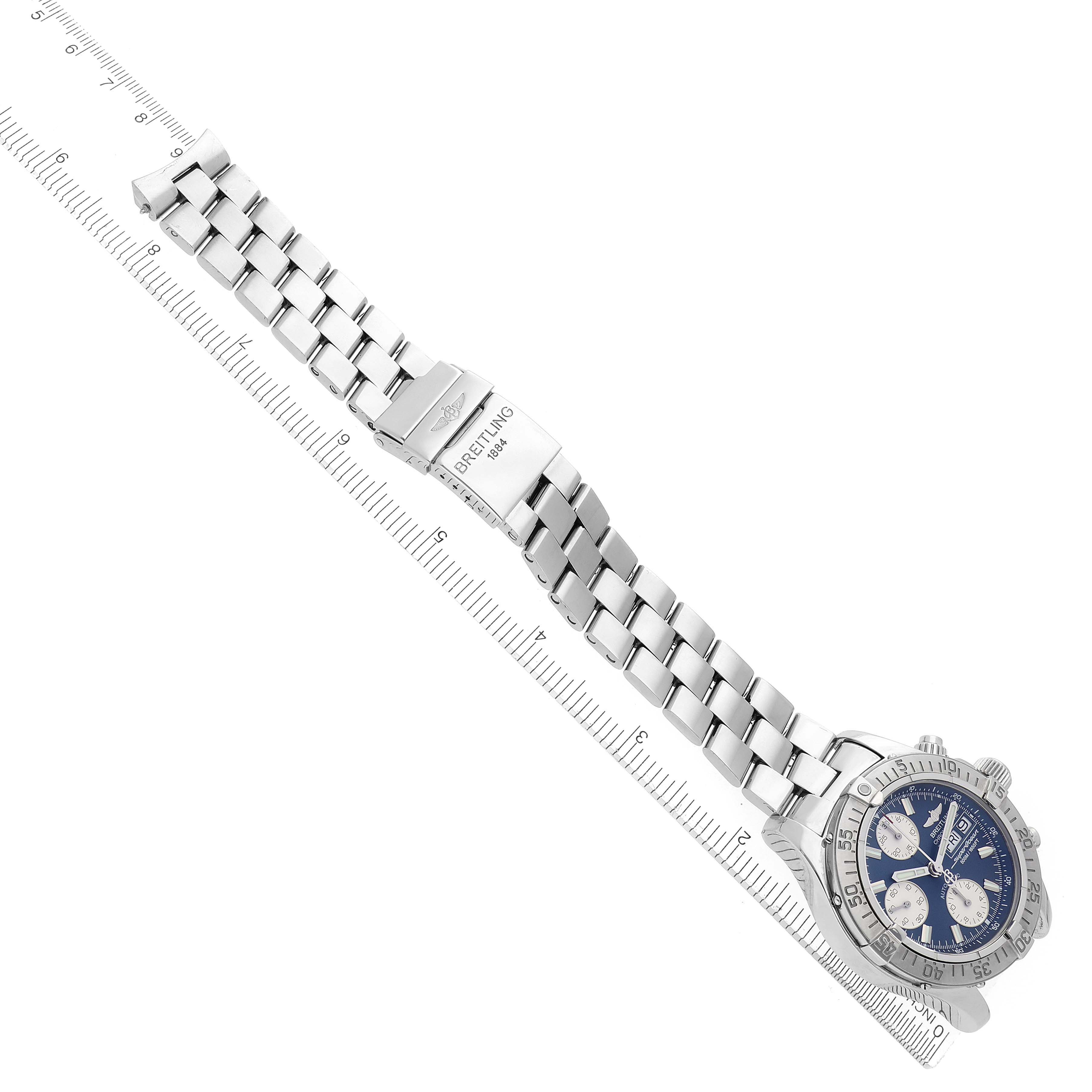 The Breitling Superocean A13340 Men
s Stainless Steel Blue Dial A13340 Men
s Stainless Steel Blue Dial watch is shown from above, highlighting the full metal bracelet, clasp, and watch face with subdials.