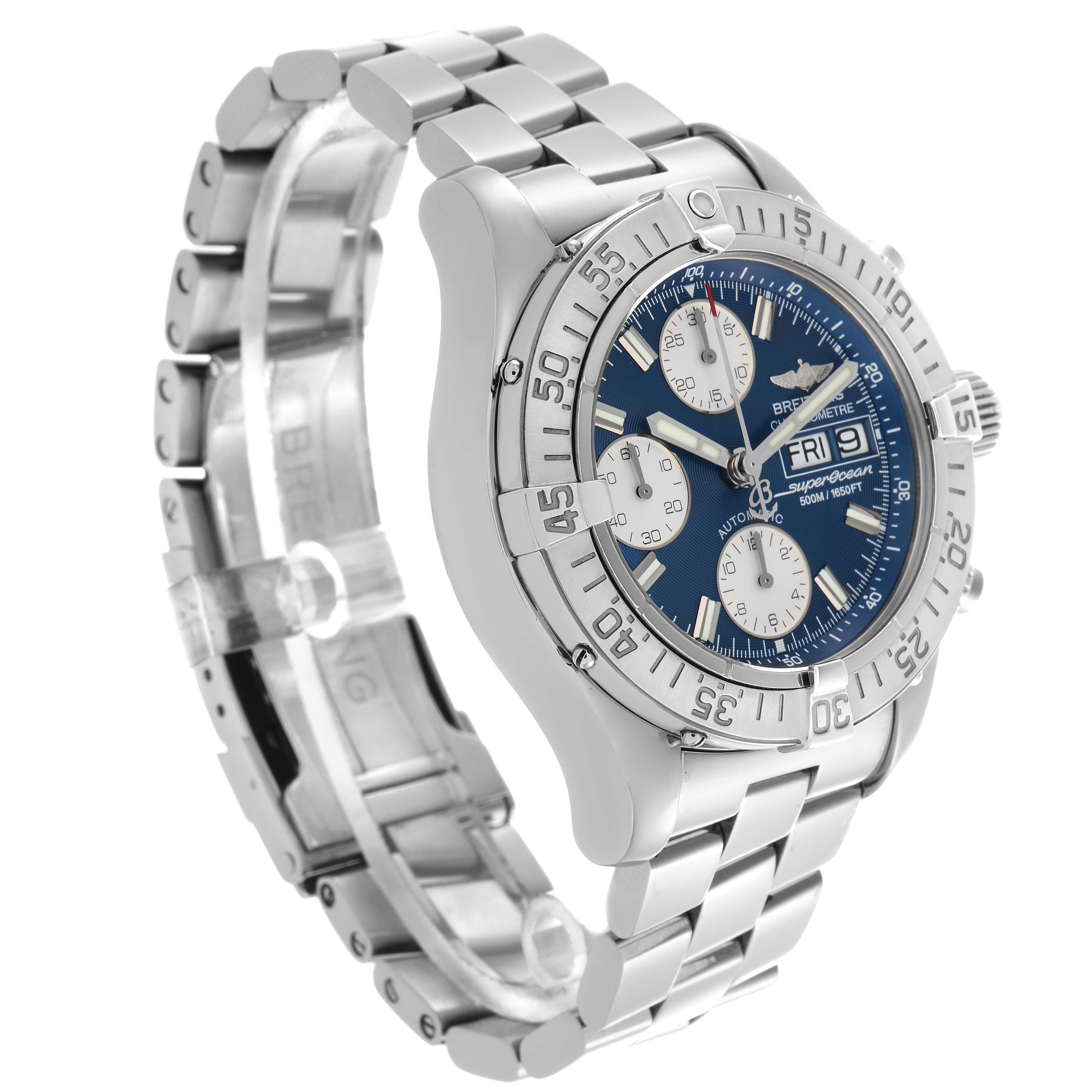 The Breitling Superocean A13340 Men
s Stainless Steel Blue Dial A13340 Men
s Stainless Steel Blue Dial watch is shown at a three-quarter angle, highlighting the dial, bezel, and stainless steel bracelet.