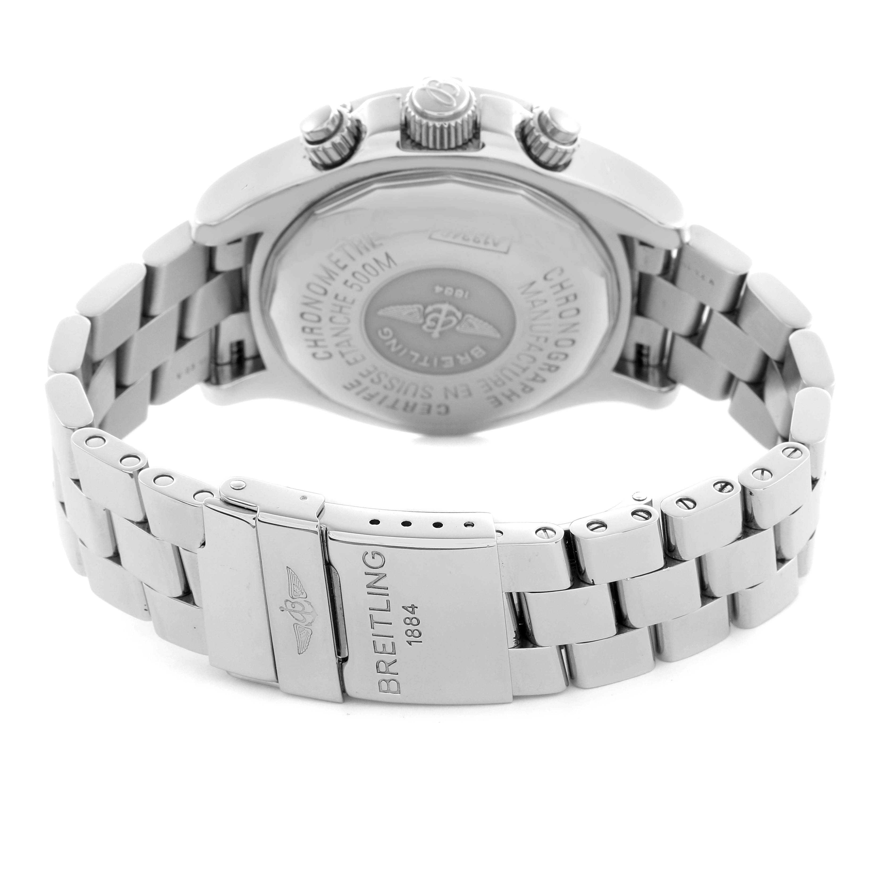 The image shows the back and side of the Breitling Superocean A13340 Men
s Stainless Steel Blue Dial A13340 Men
s Stainless Steel Blue Dial watch, focusing on the clasp, bracelet, and case back.