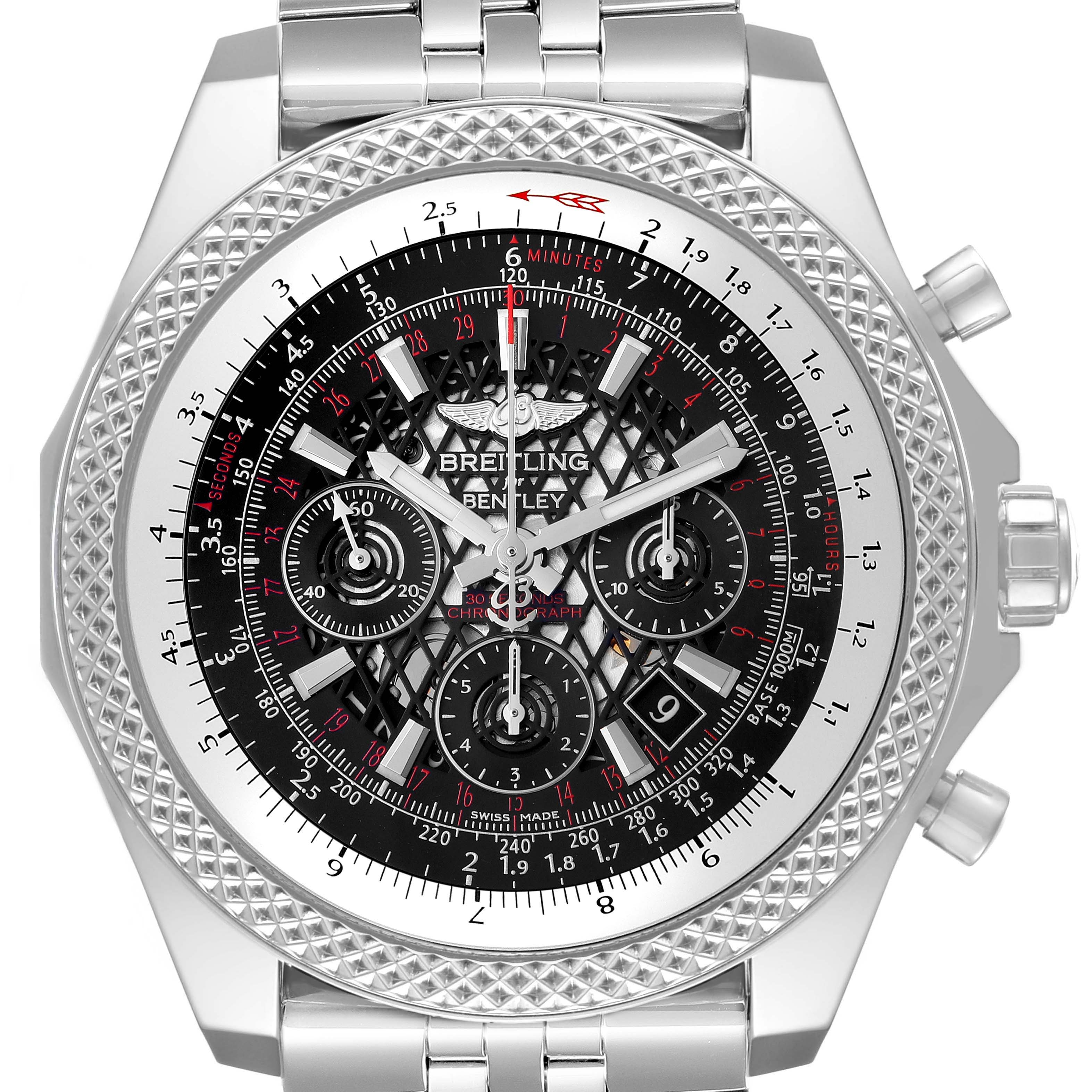 The image shows a front view of the Breitling Bentley AB0611 Men's Stainless Steel Black Dial watch, highlighting the dial, bezel, and bracelet.