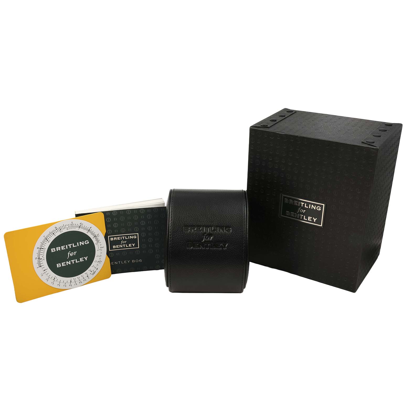 The image shows packaging and accessories of the Breitling Bentley AB0611 Men's Stainless Steel Black Dial, including a box, card, and booklet.