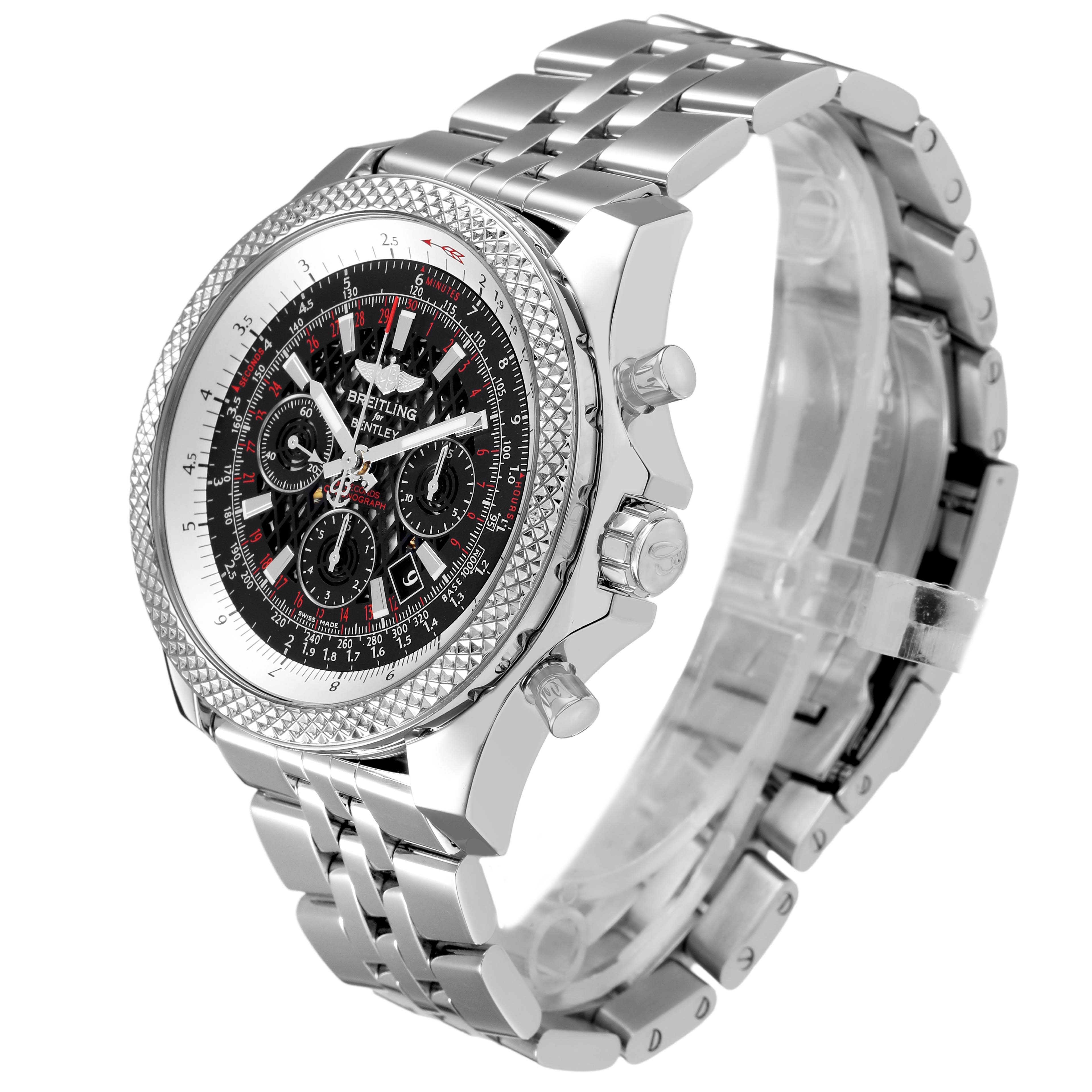 The Breitling Bentley AB0611 Men's Stainless Steel Black Dial watch is shown from a 3/4 angle featuring the face, bezel, pushers, and bracelet.