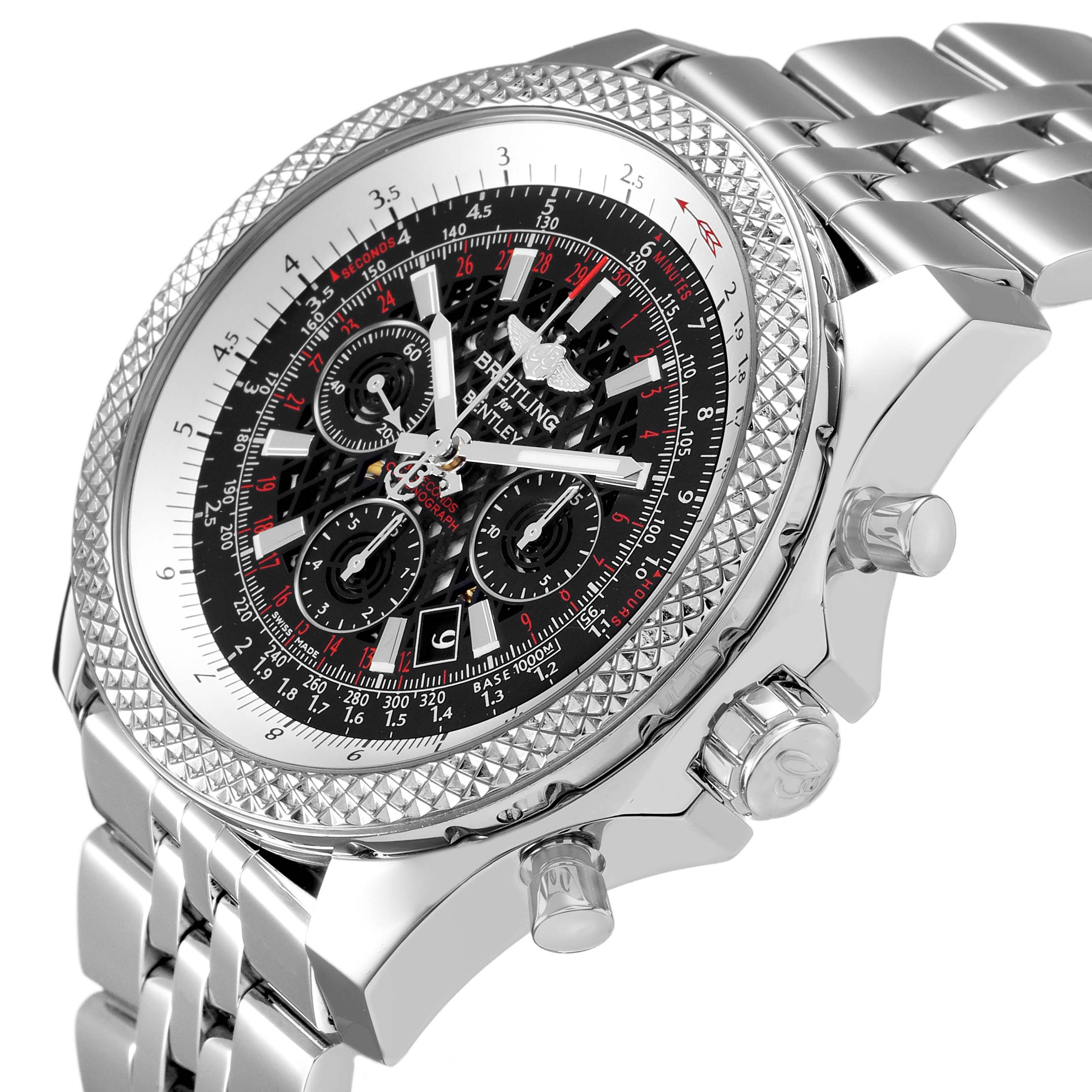 The image shows a side angle of the Bentley by Breitling, highlighting the bezel, dial, subdials, crown, and bracelet.