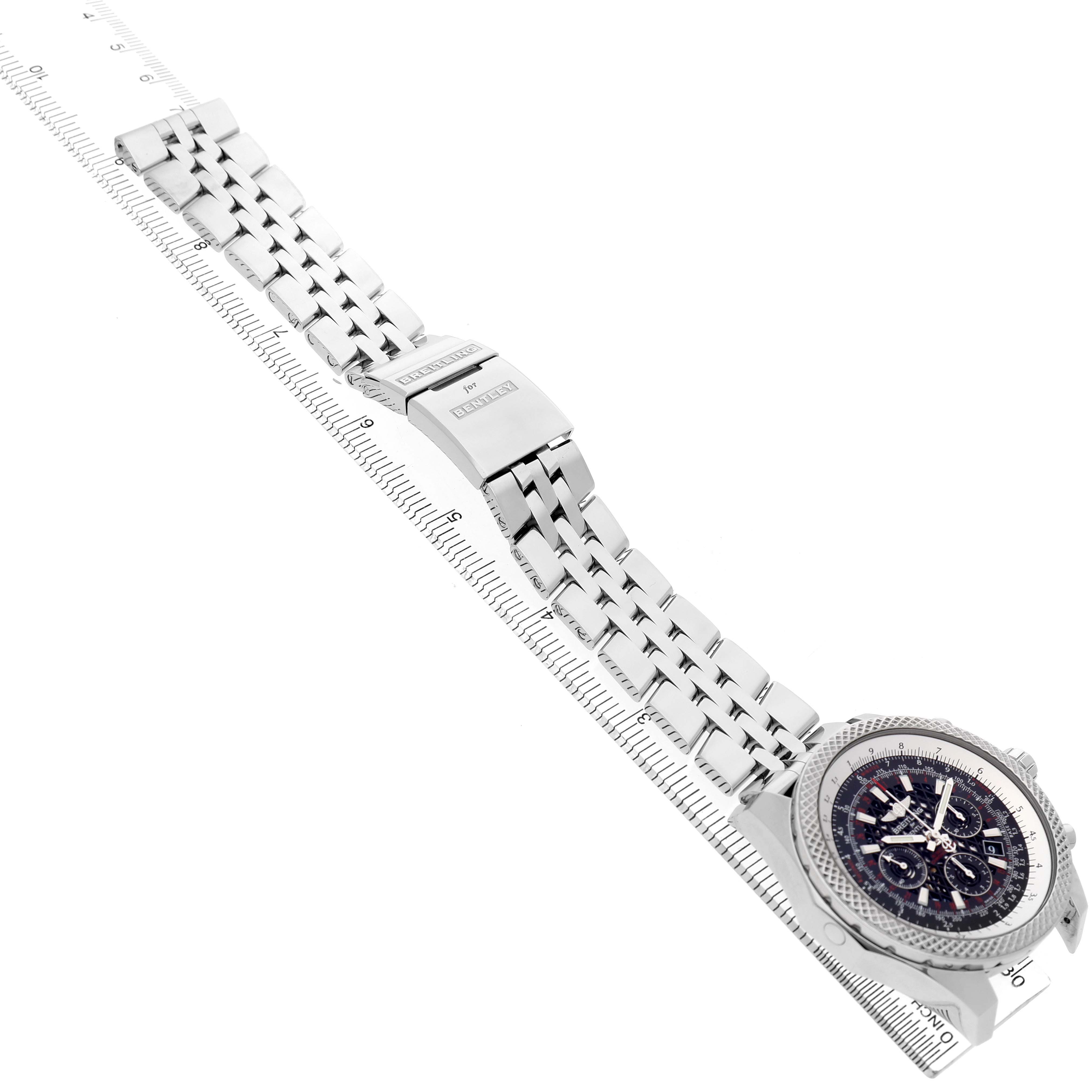 The image shows a Breitling Bentley AB0611 Men's Stainless Steel Black Dial watch at an angled top view, highlighting the dial, bezel, and metal bracelet with a clasp.