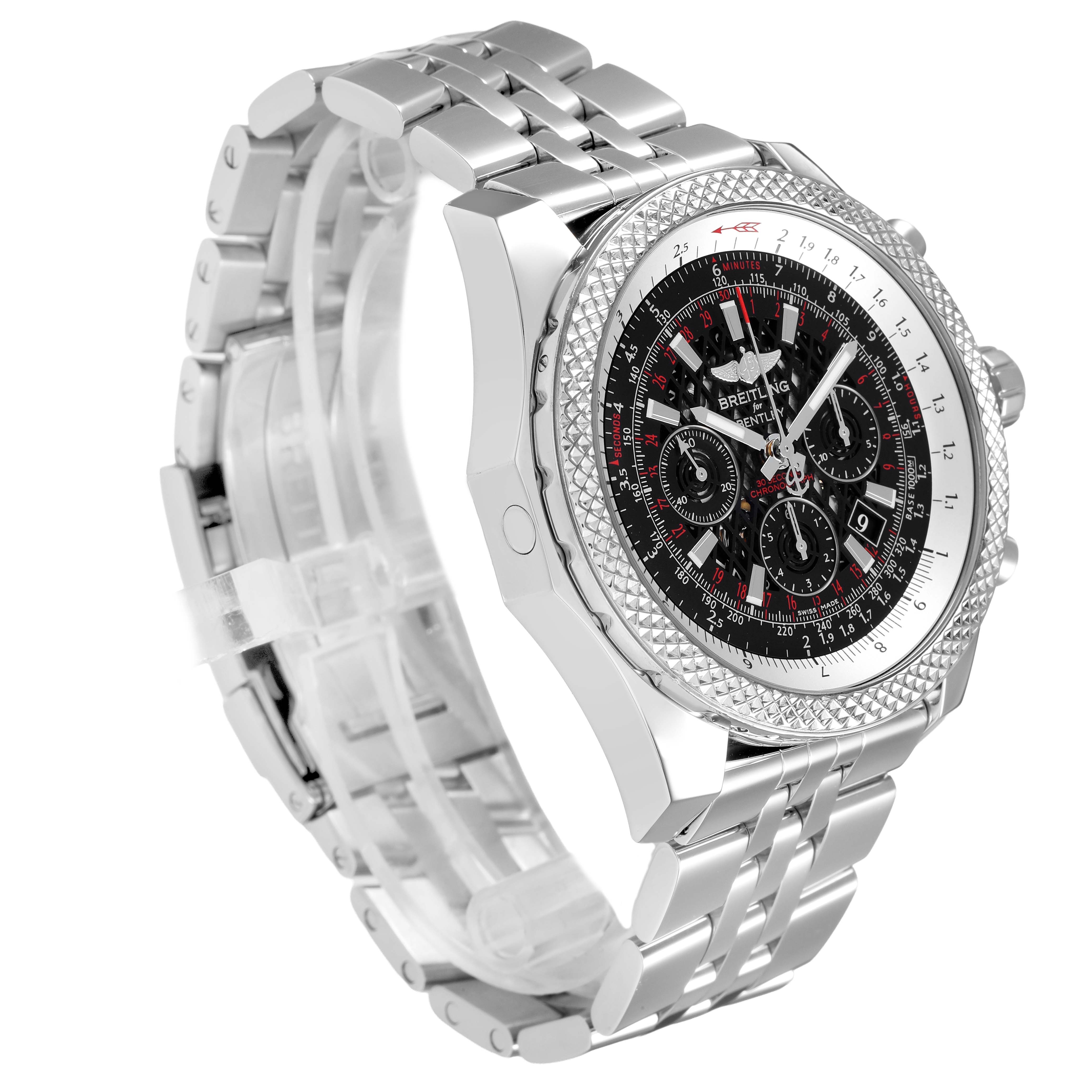 The Breitling Bentley AB0611 Men's Stainless Steel Black Dial watch is shown at a three-quarter angle, highlighting the bezel, dial, and metallic bracelet.