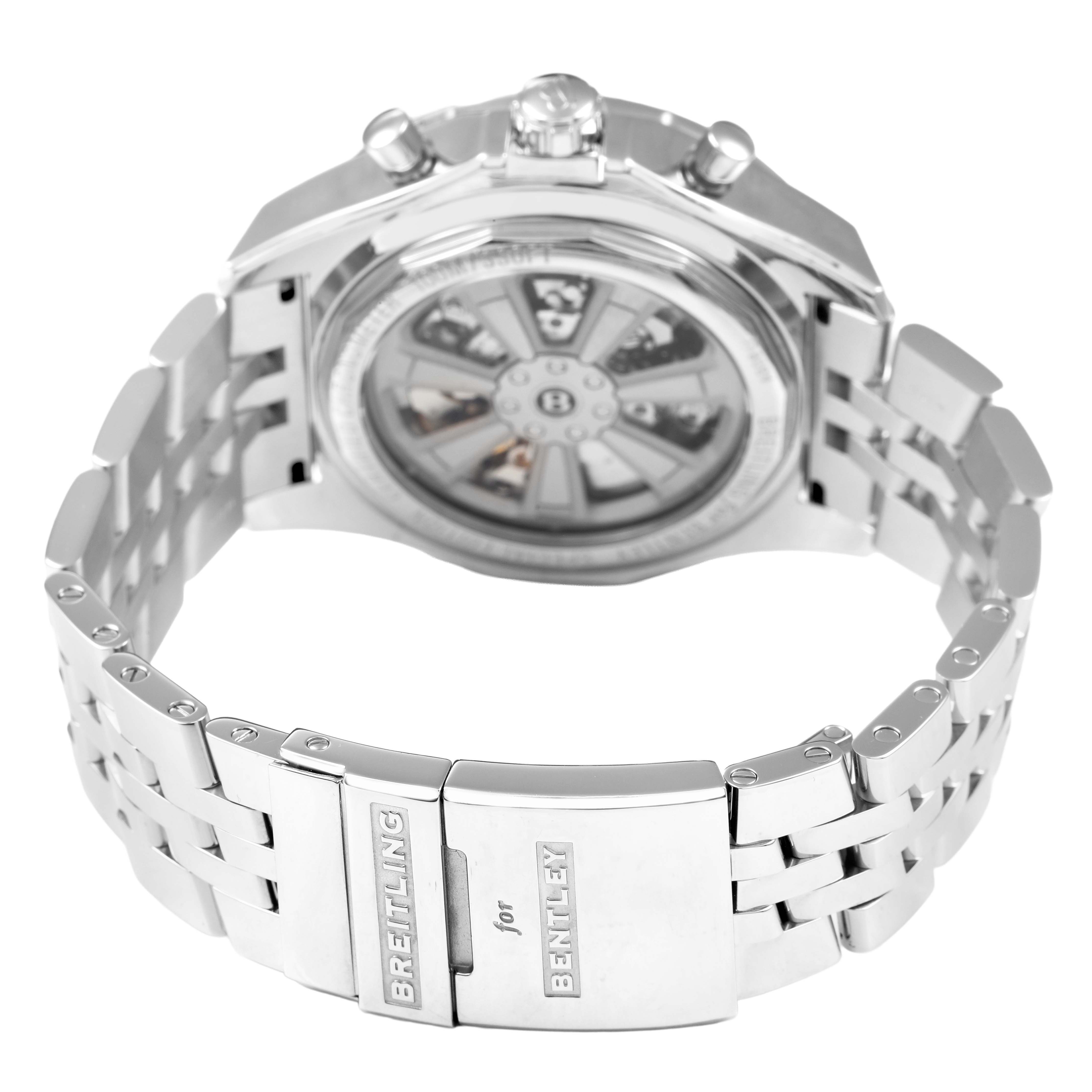 The Breitling Bentley AB0611 Men's Stainless Steel Black Dial watch is shown from the back, highlighting the case back, bracelet, and clasp with "Breitling for Bentley" engraving.