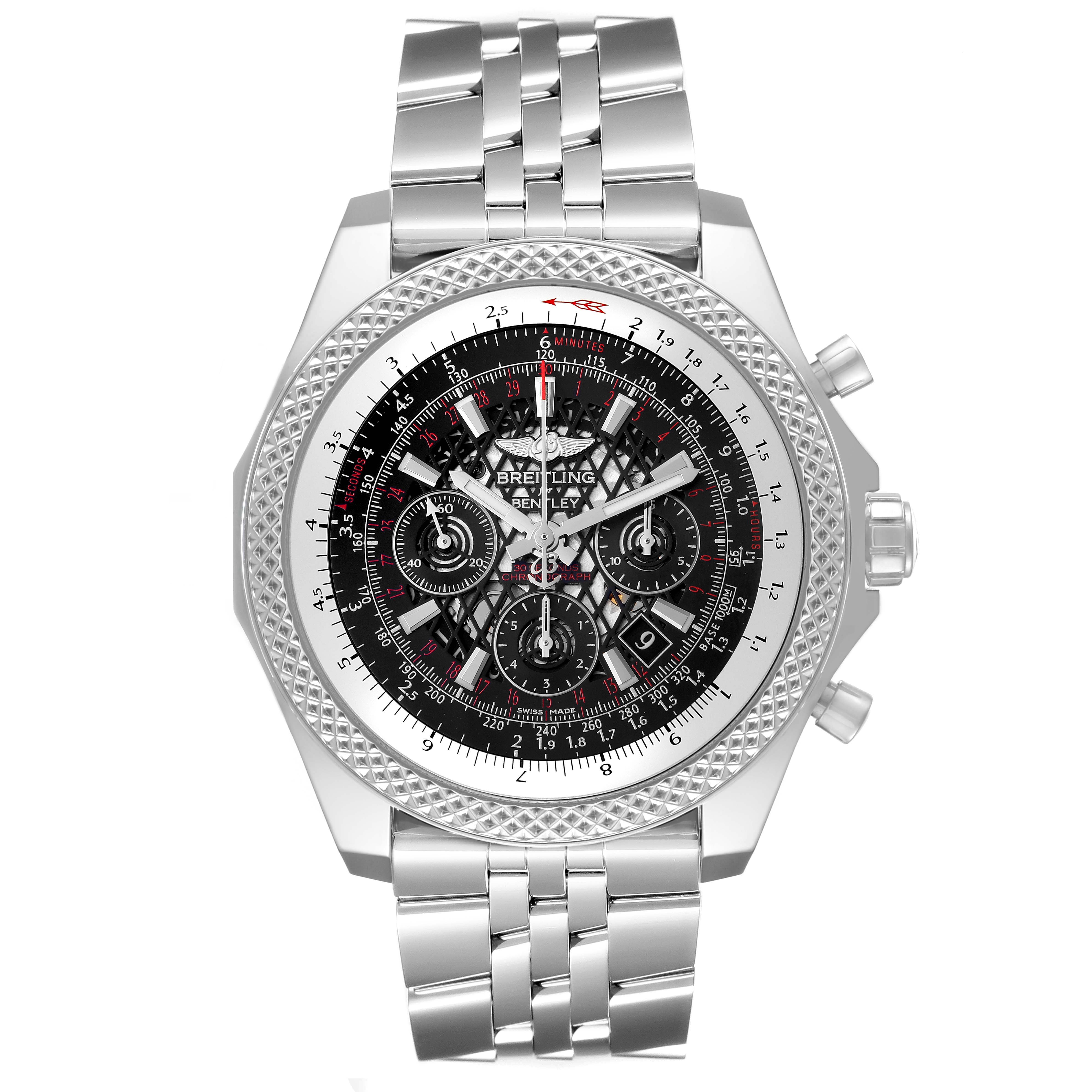 The Bentley model by Breitling is shown from the front, highlighting its dial, bezel, and bracelet.