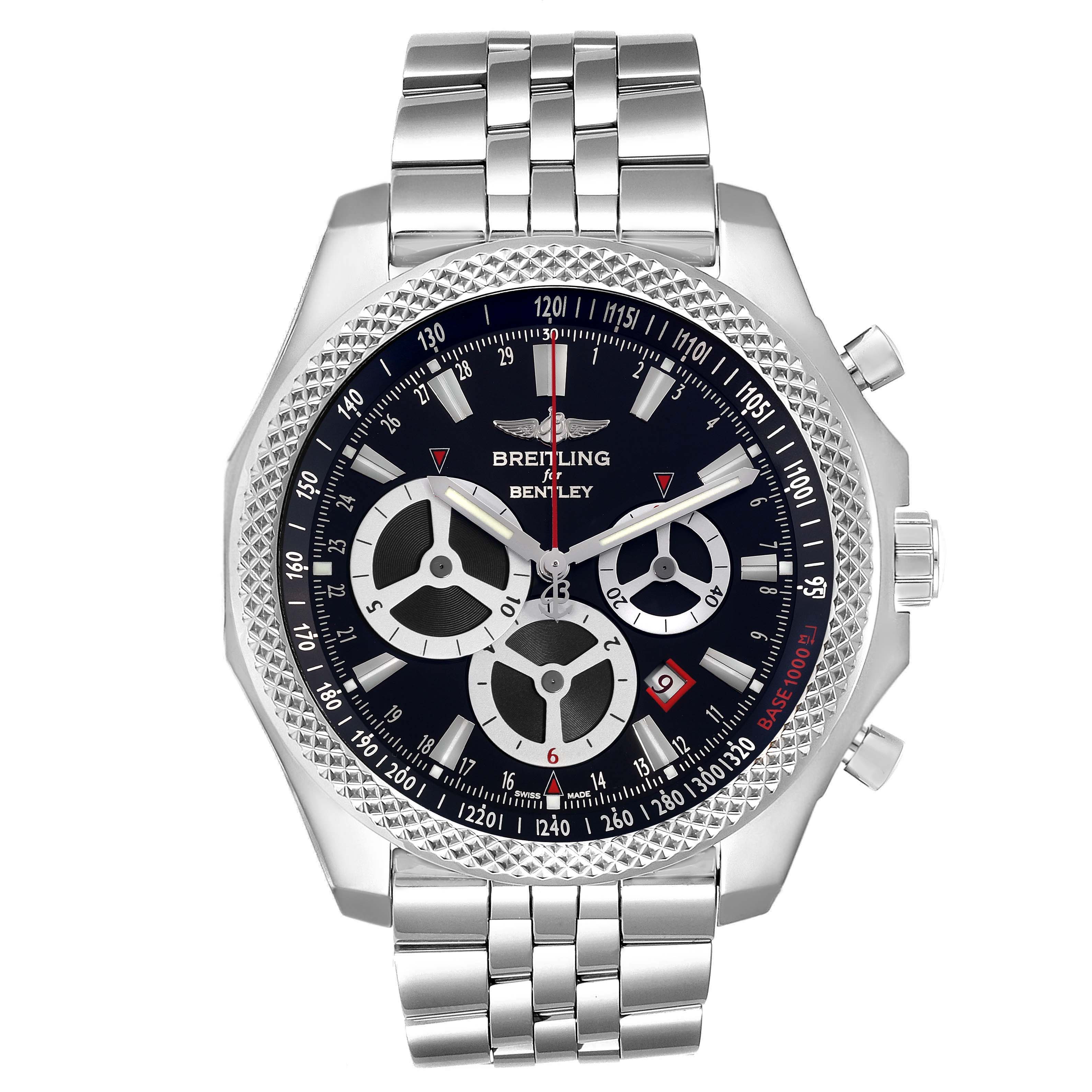 The Breitling Bentley A25366 Men
s Stainless Steel Black Dial A25366 Men
s Stainless Steel Black Dial watch is shown from the front, highlighting the dial, bezel, and bracelet.