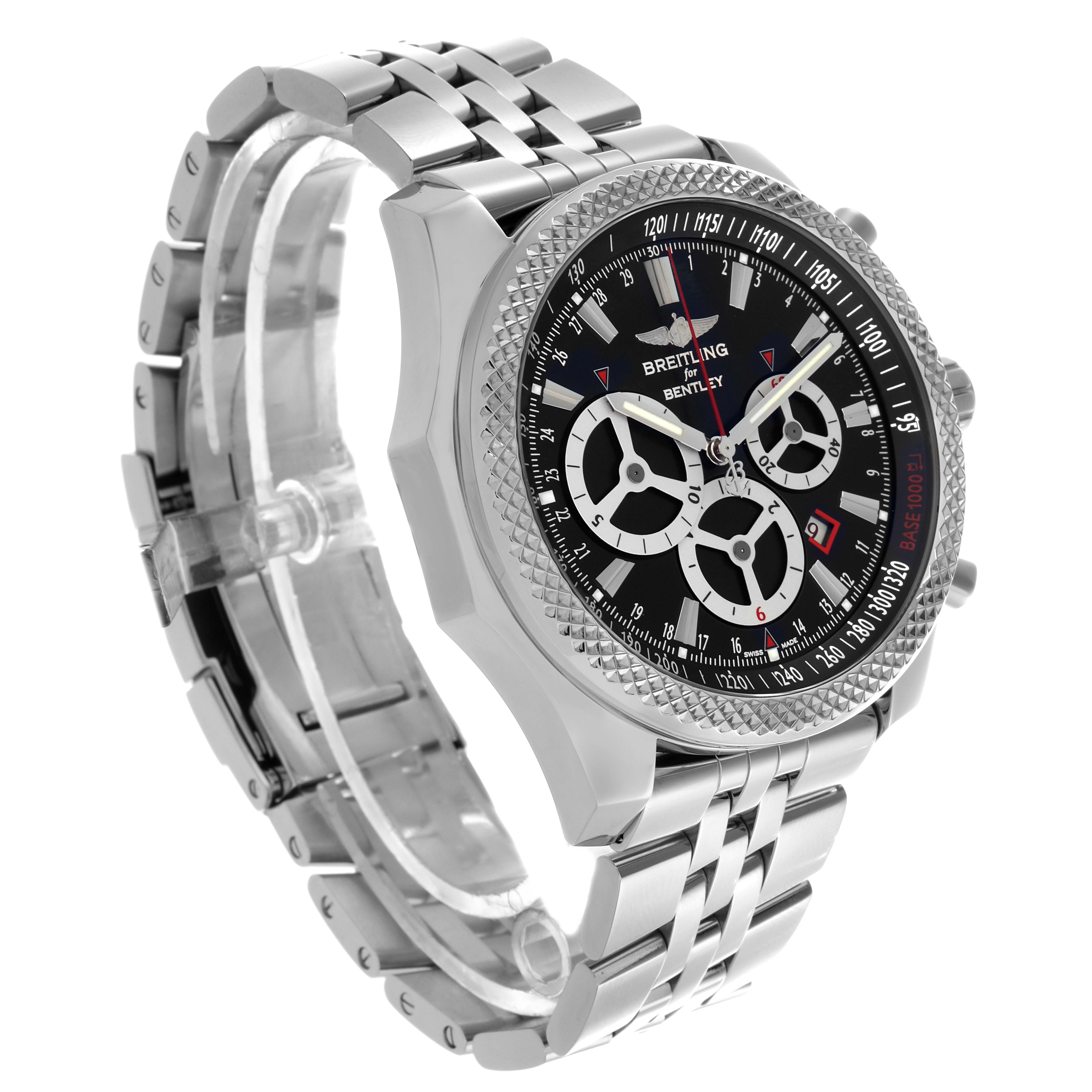 The Breitling Bentley A25366 Men
s Stainless Steel Black Dial A25366 Men
s Stainless Steel Black Dial watch is shown at a three-quarter angle, highlighting the face, bezel, and metal bracelet.