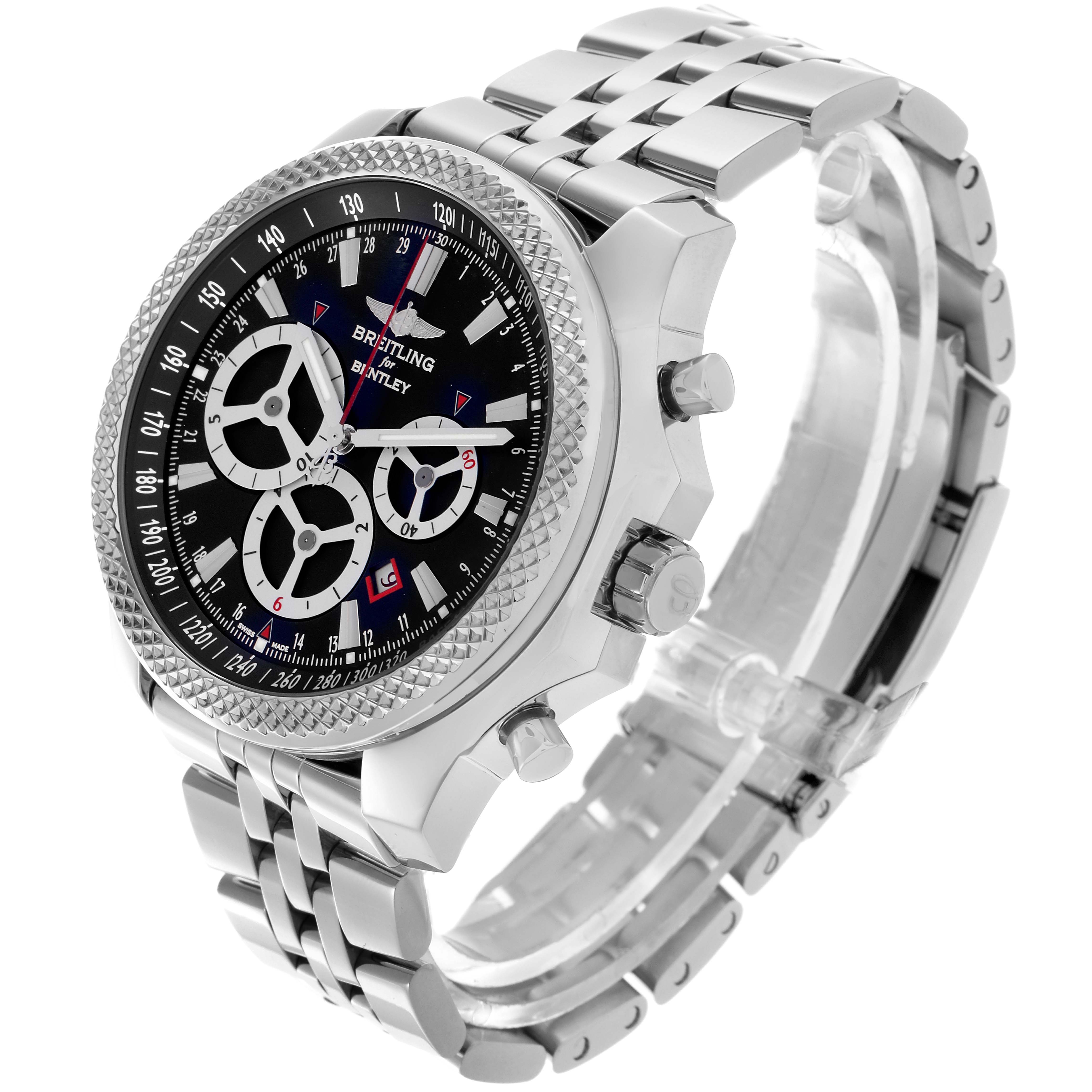 The Breitling Bentley A25366 Men
s Stainless Steel Black Dial A25366 Men
s Stainless Steel Black Dial watch is shown at a quarter-side angle, displaying the face, bezel, case, and metal strap.