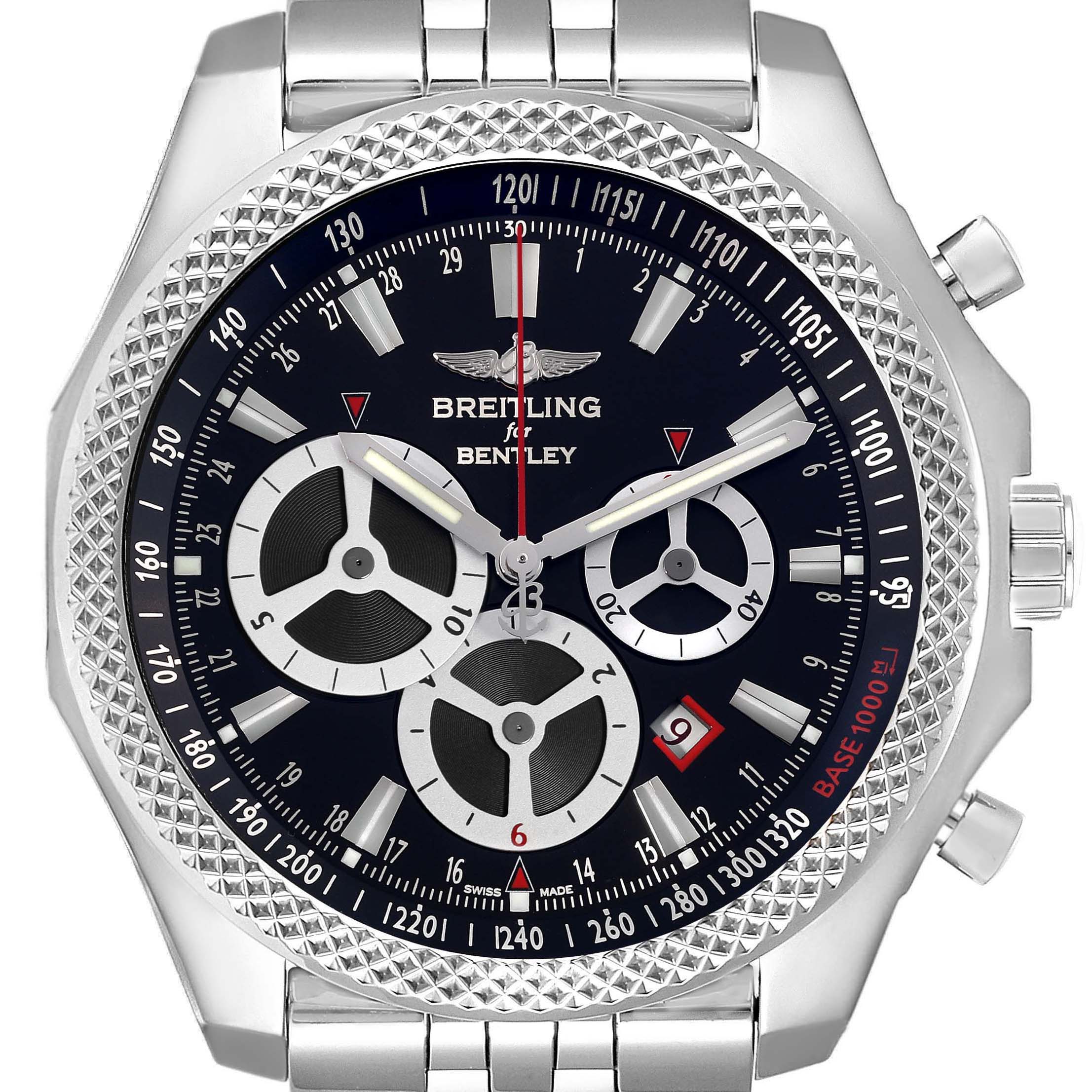 The Breitling Bentley A25366 Men
s Stainless Steel Black Dial A25366 Men
s Stainless Steel Black Dial watch is shown from a front angle, featuring the dial, bezel, and part of the bracelet.