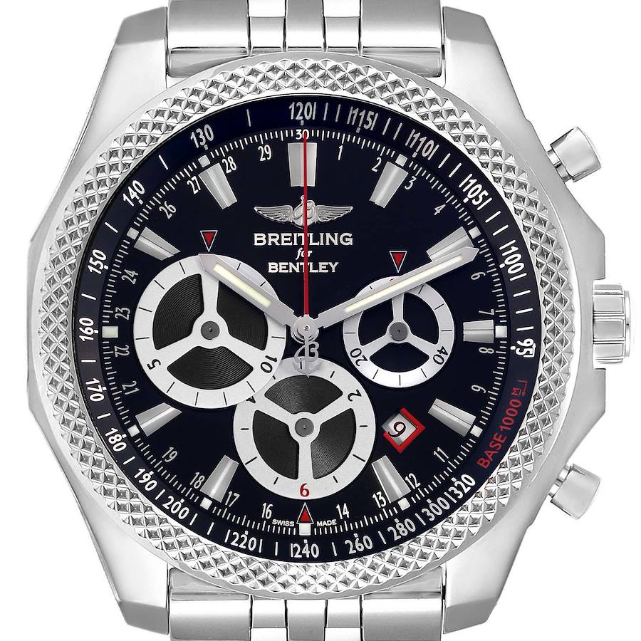 The Breitling Bentley watch is shown from a front angle, featuring the dial, bezel, and part of the bracelet.