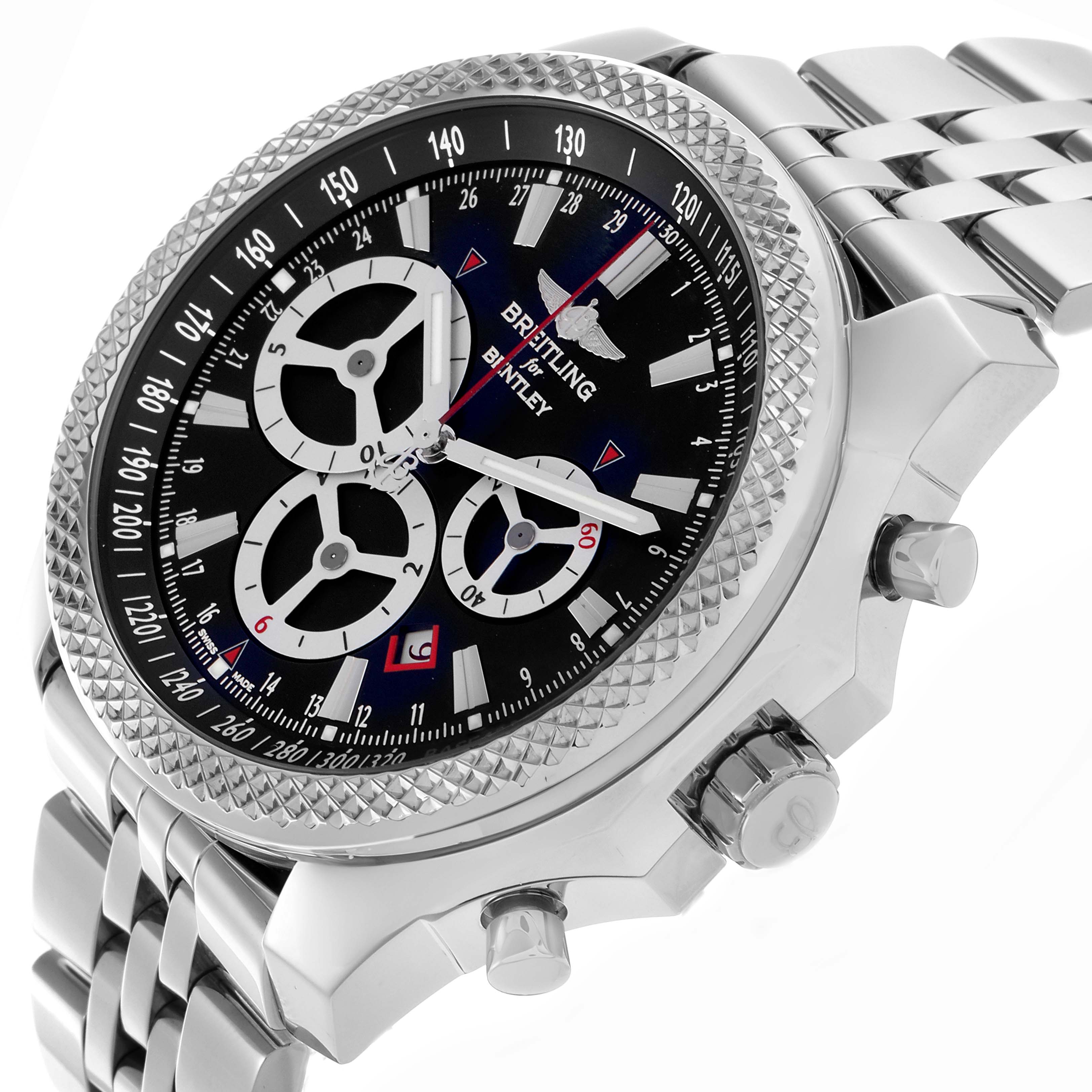 The Breitling Bentley A25366 Men
s Stainless Steel Black Dial A25366 Men
s Stainless Steel Black Dial watch is shown at a tilted angle, highlighting the bezel, dial, crown, and part of the bracelet.
