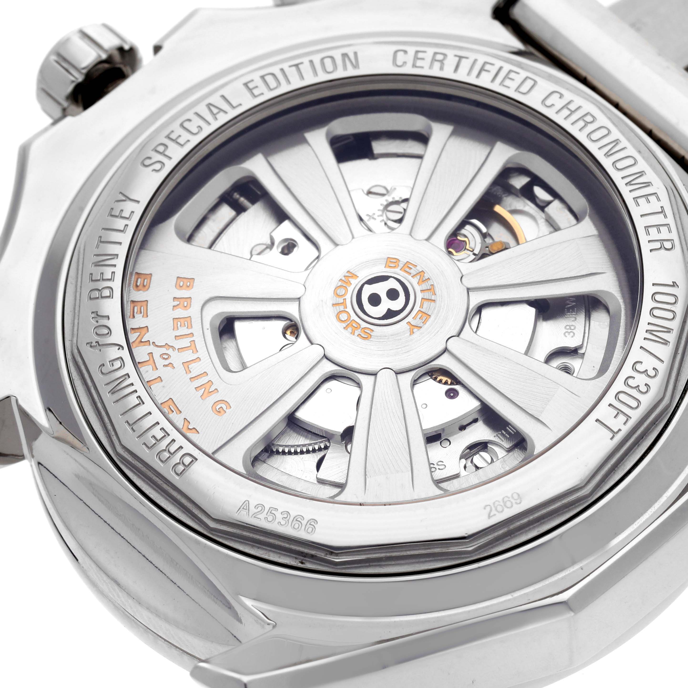 The image shows the case back of a Breitling Bentley A25366 Men
s Stainless Steel Black Dial A25366 Men
s Stainless Steel Black Dial watch, showcasing its mechanical movement and branded rotor.