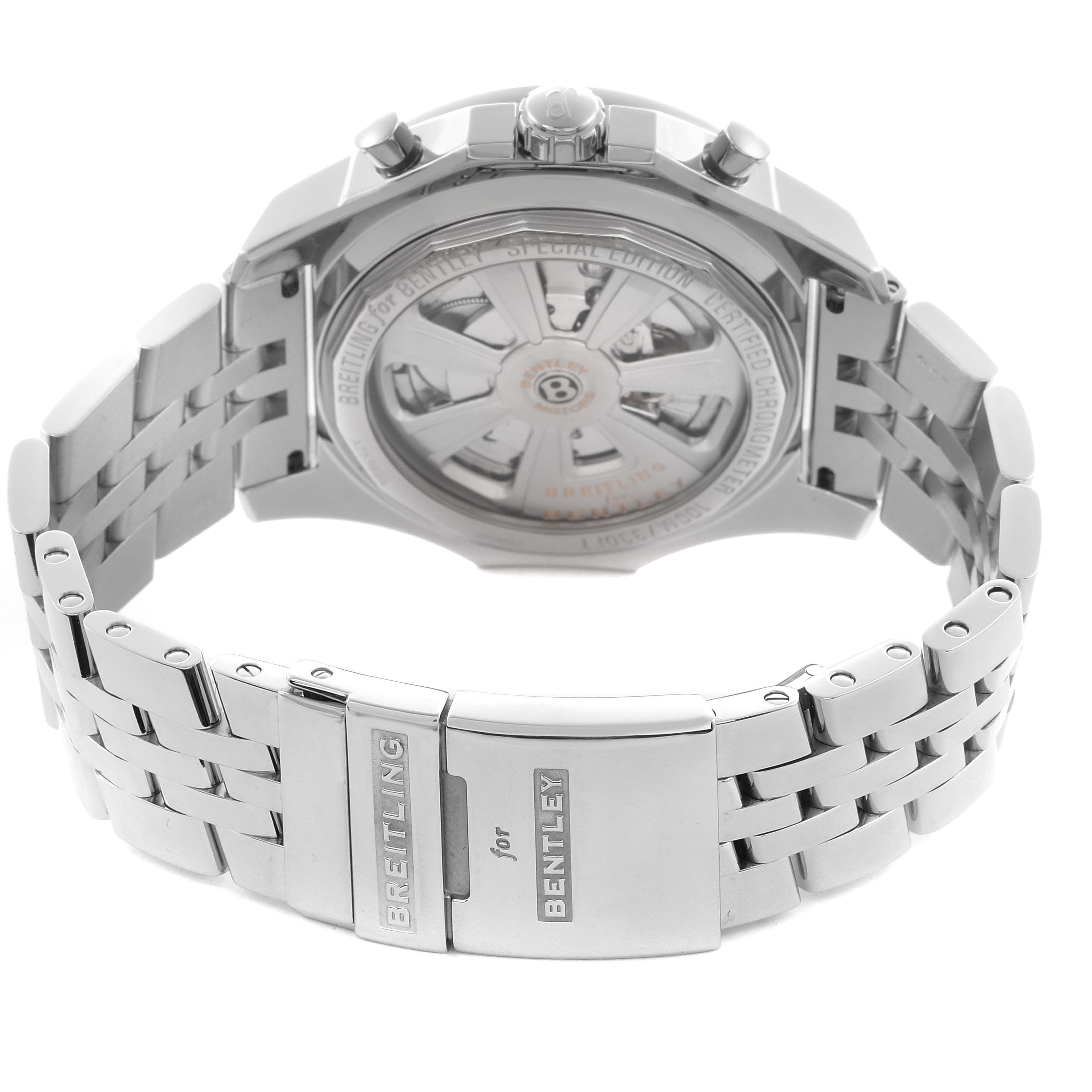 The image shows the back of the Breitling for Bentley watch, highlighting the rotor and bracelet clasp.