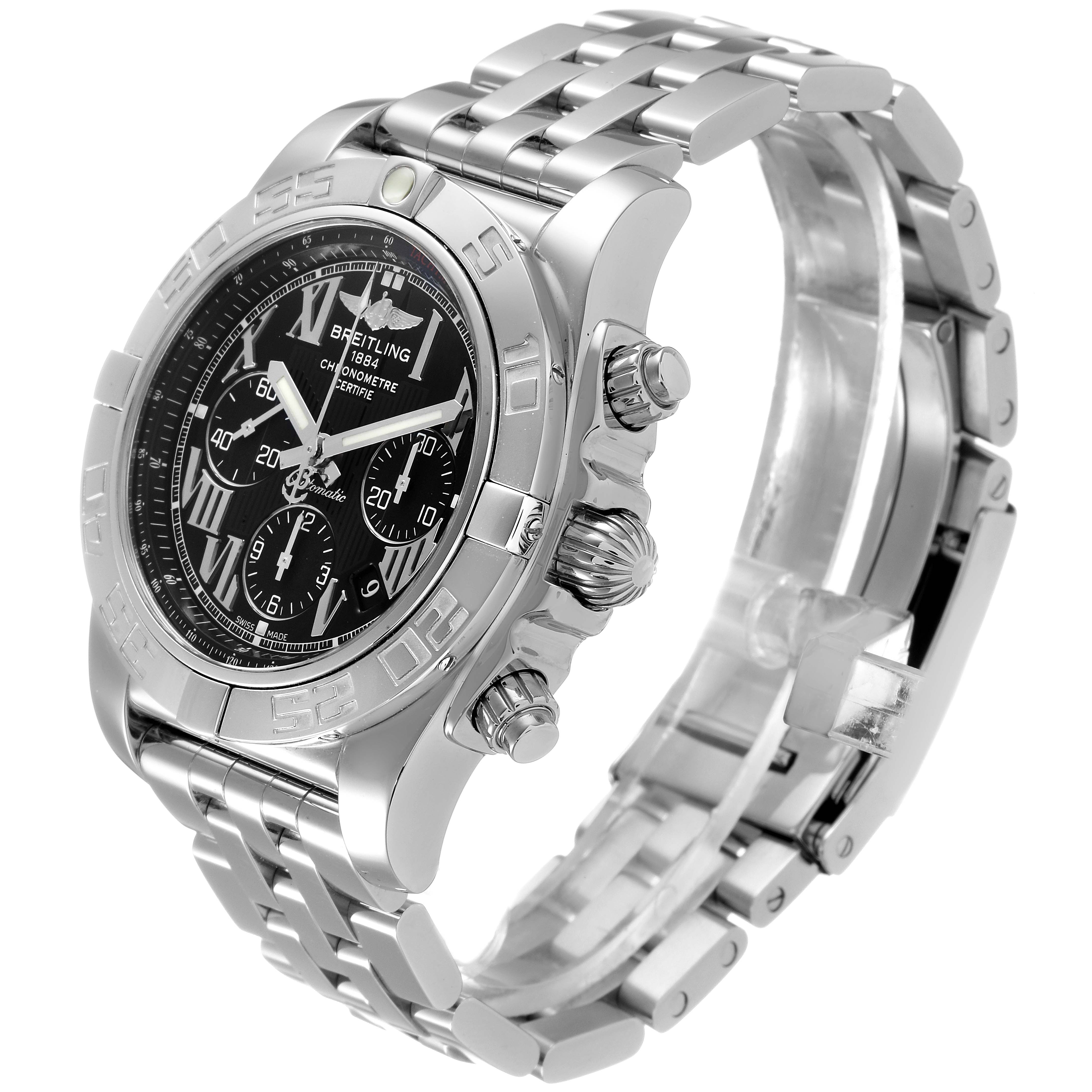 This image shows a Breitling Chronomat AB0110 Men
s Stainless Steel Black Dial AB0110 Men
s Stainless Steel Black Dial watch at a three-quarter angle highlighting the dial, bezel, crown, strap, and pushers.