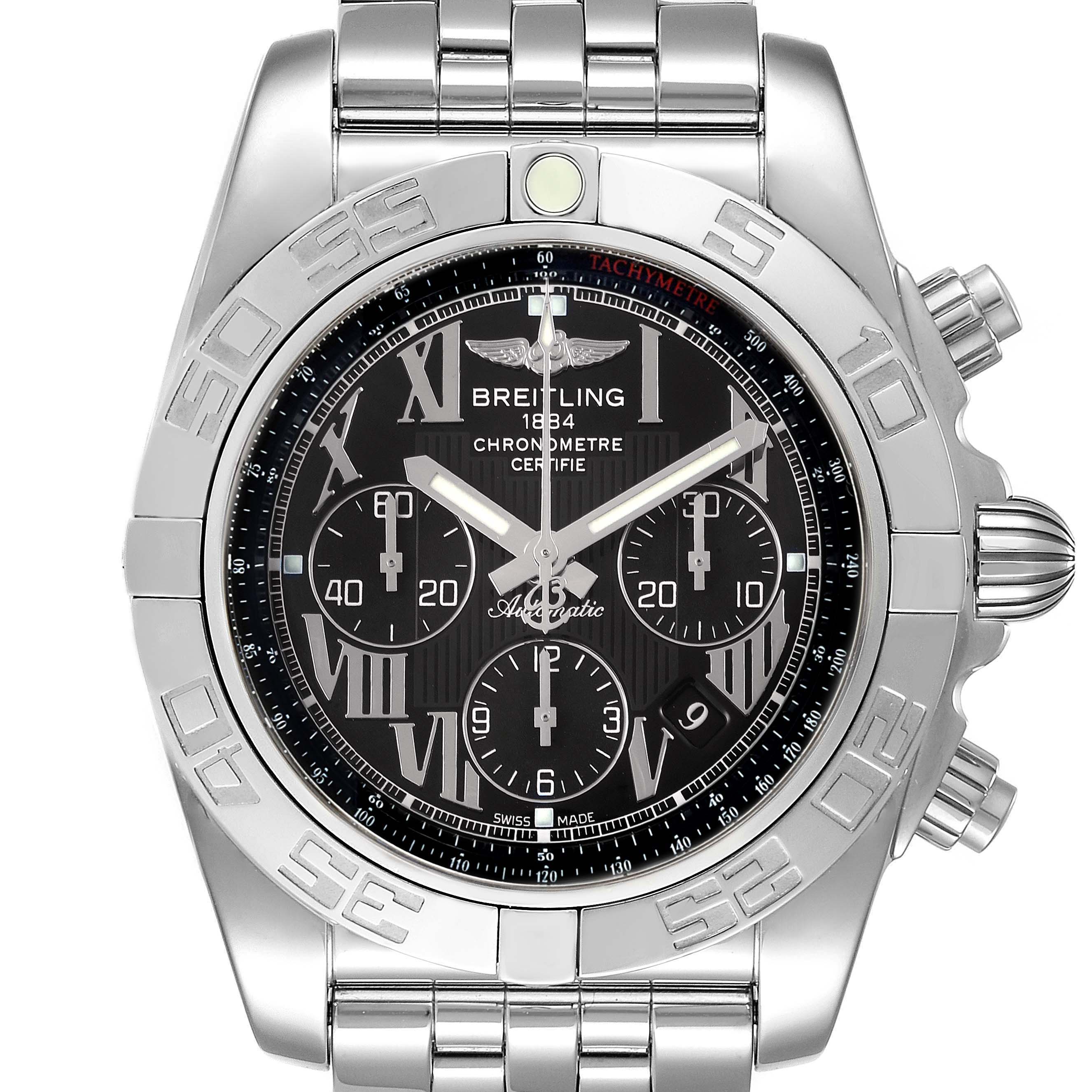 This image shows a frontal view of a Breitling Chronomat AB0110 Men
s Stainless Steel Black Dial AB0110 Men
s Stainless Steel Black Dial watch, highlighting the dial, bezel, and part of the bracelet.