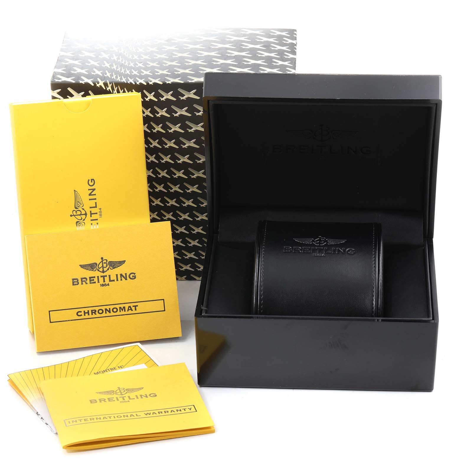 The image shows the packaging, instruction manuals, and warranty cards of a Breitling Chronomat AB0110 Men
s Stainless Steel Black Dial AB0110 Men
s Stainless Steel Black Dial watch.