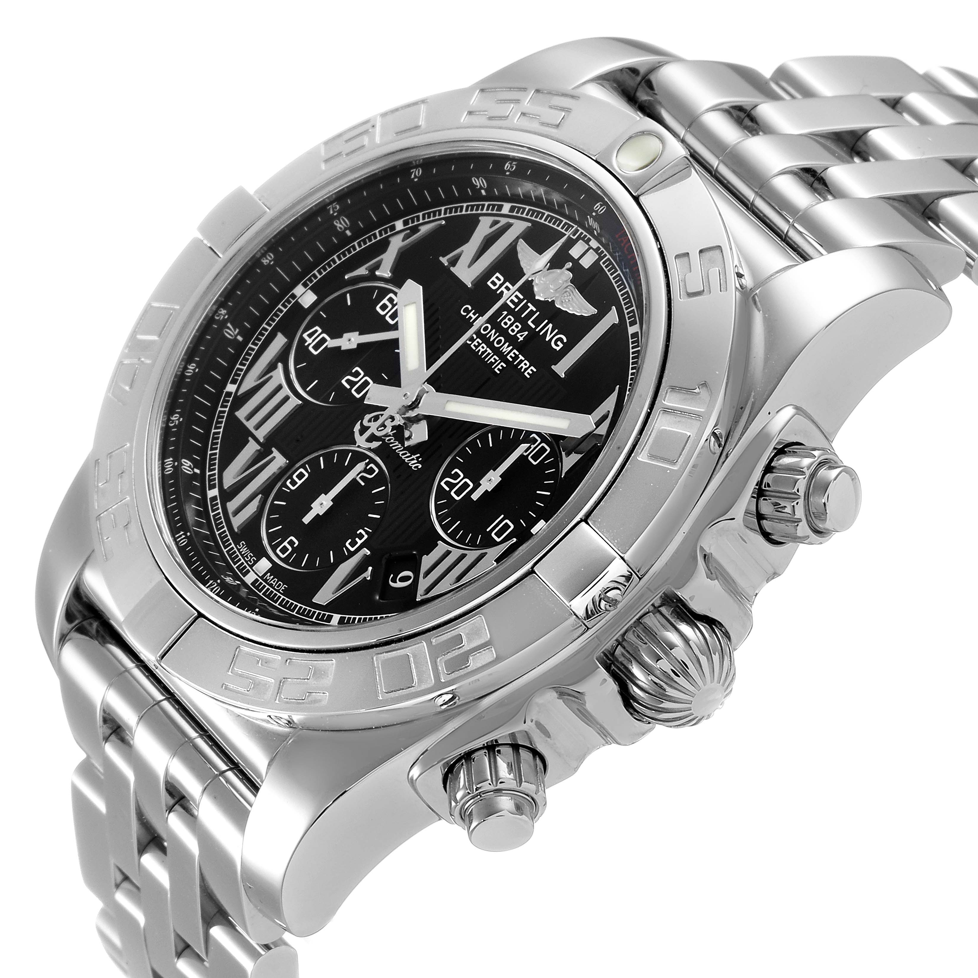 The image shows a Breitling Chronomat AB0110 Men
s Stainless Steel Black Dial AB0110 Men
s Stainless Steel Black Dial watch at an angle emphasizing its dial, crown, chronograph buttons, and metal bracelet.