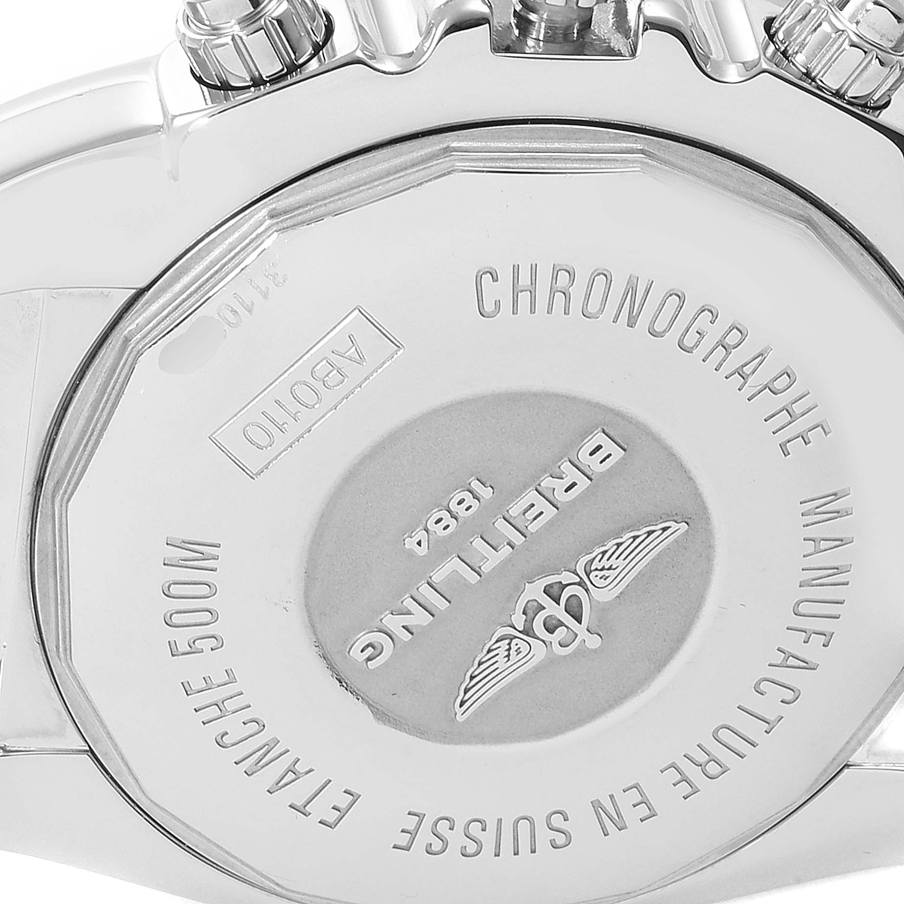 The image shows the rear case and crown details of a Breitling Chronomat AB0110 Men
s Stainless Steel Black Dial AB0110 Men
s Stainless Steel Black Dial watch.