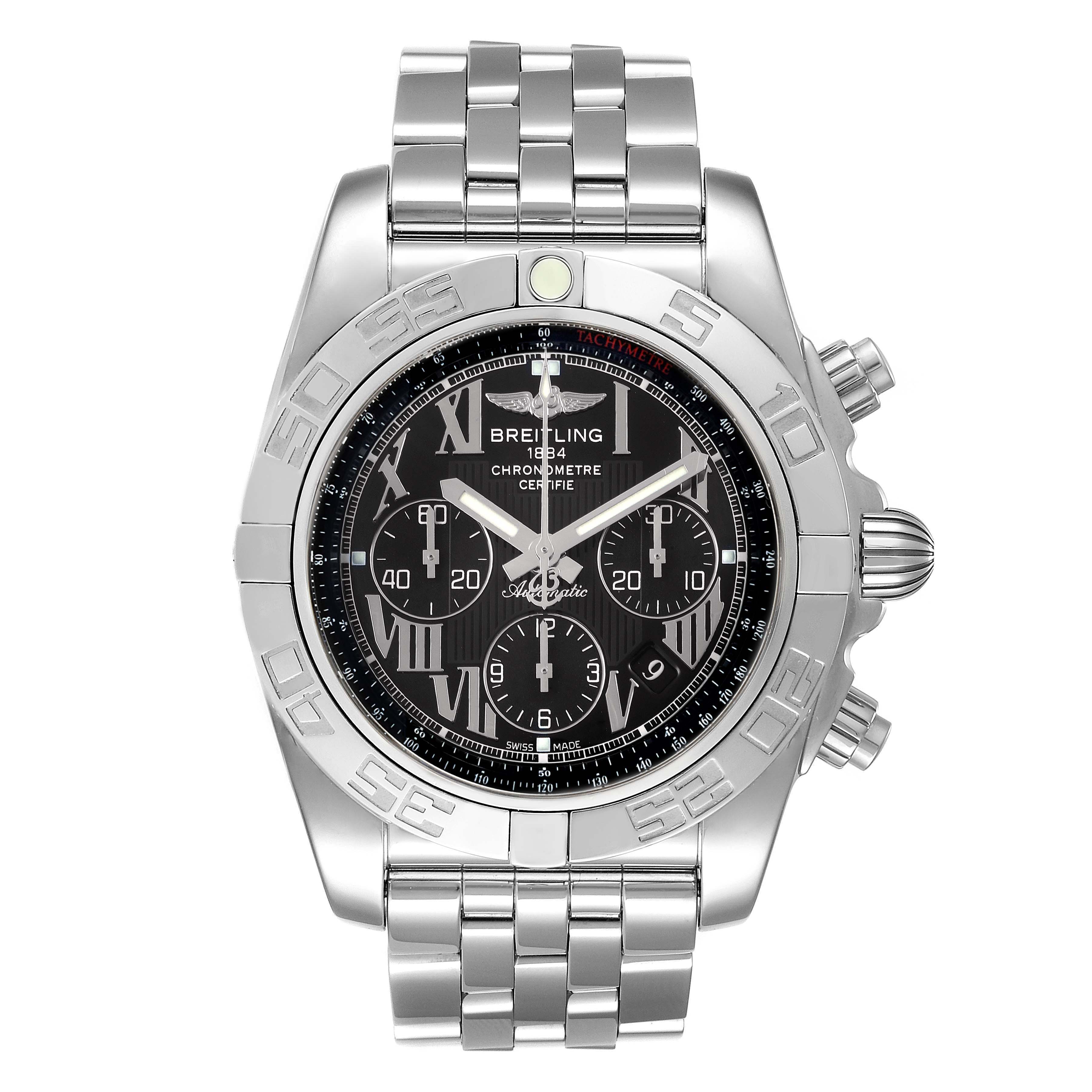 The image shows a front view of the Breitling Chronomat AB0110 Men
s Stainless Steel Black Dial AB0110 Men
s Stainless Steel Black Dial watch, highlighting its face, bezel, and bracelet.